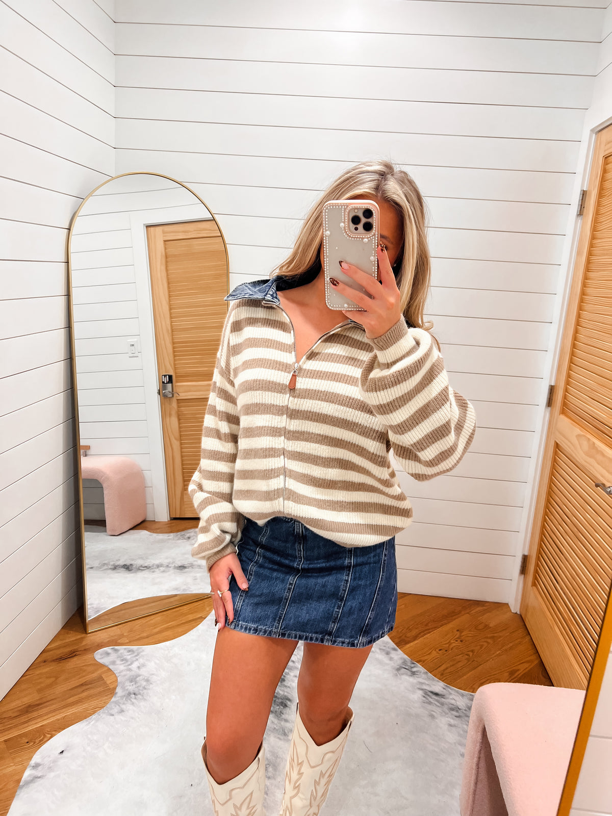 Beige Denim Collar Knitted Stripe Jacket