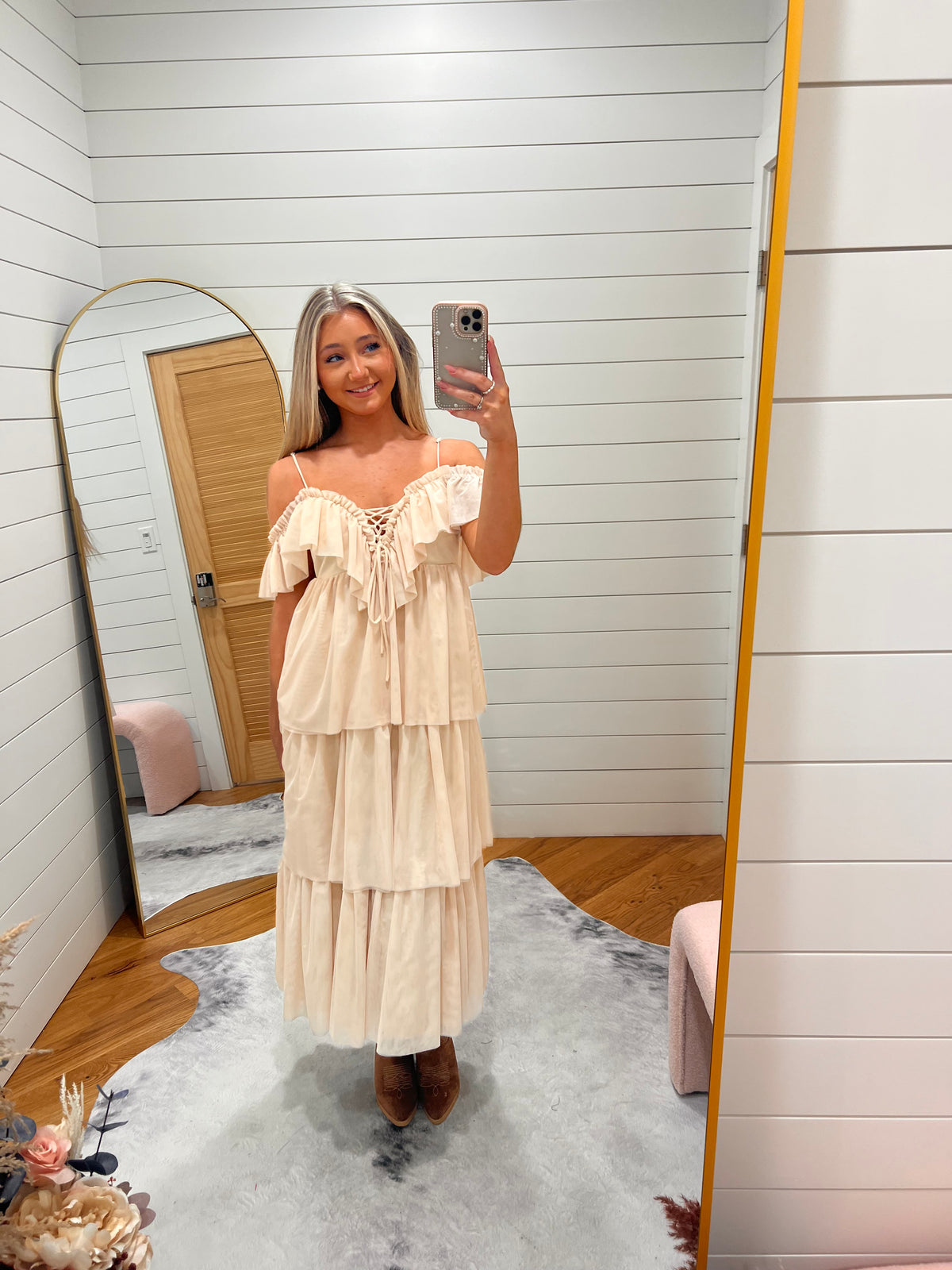 Cream Ruffle Lace-Up Tiered Midi Dress