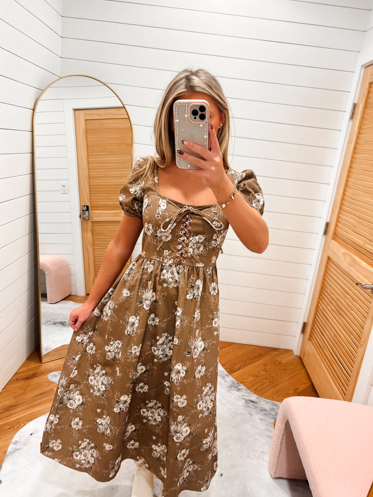 Light Brown Multi Floral Lace Up Puff Sleeve Midi Dress