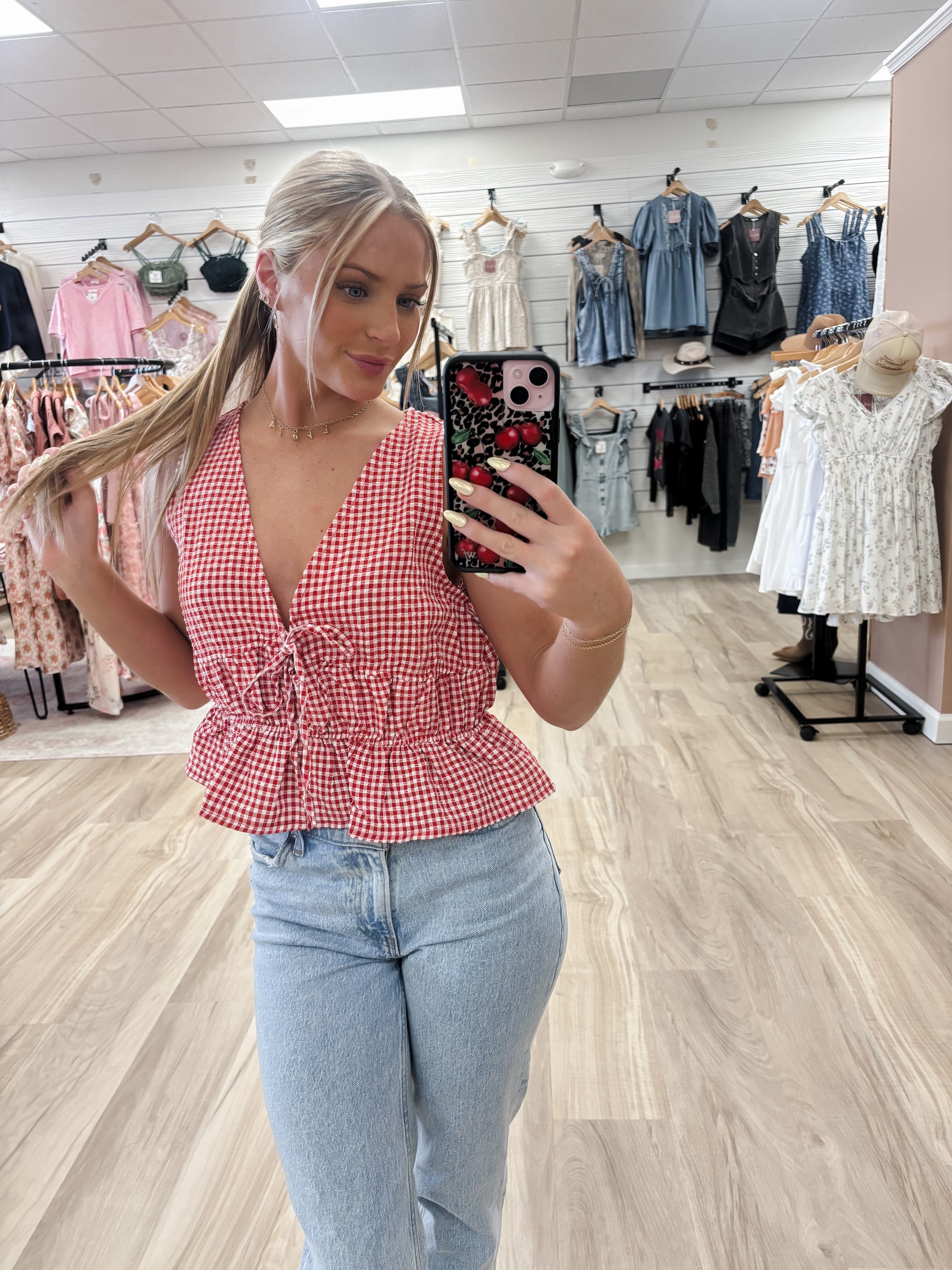 Red Gingham Bow Top