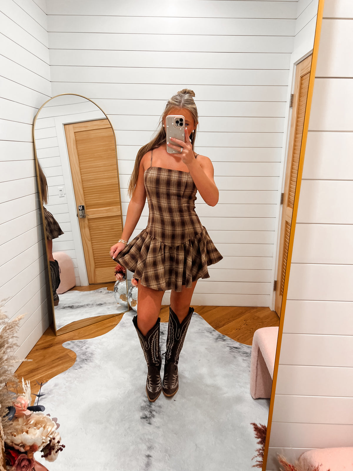 Brown Square Neck Checker Pattern Dress