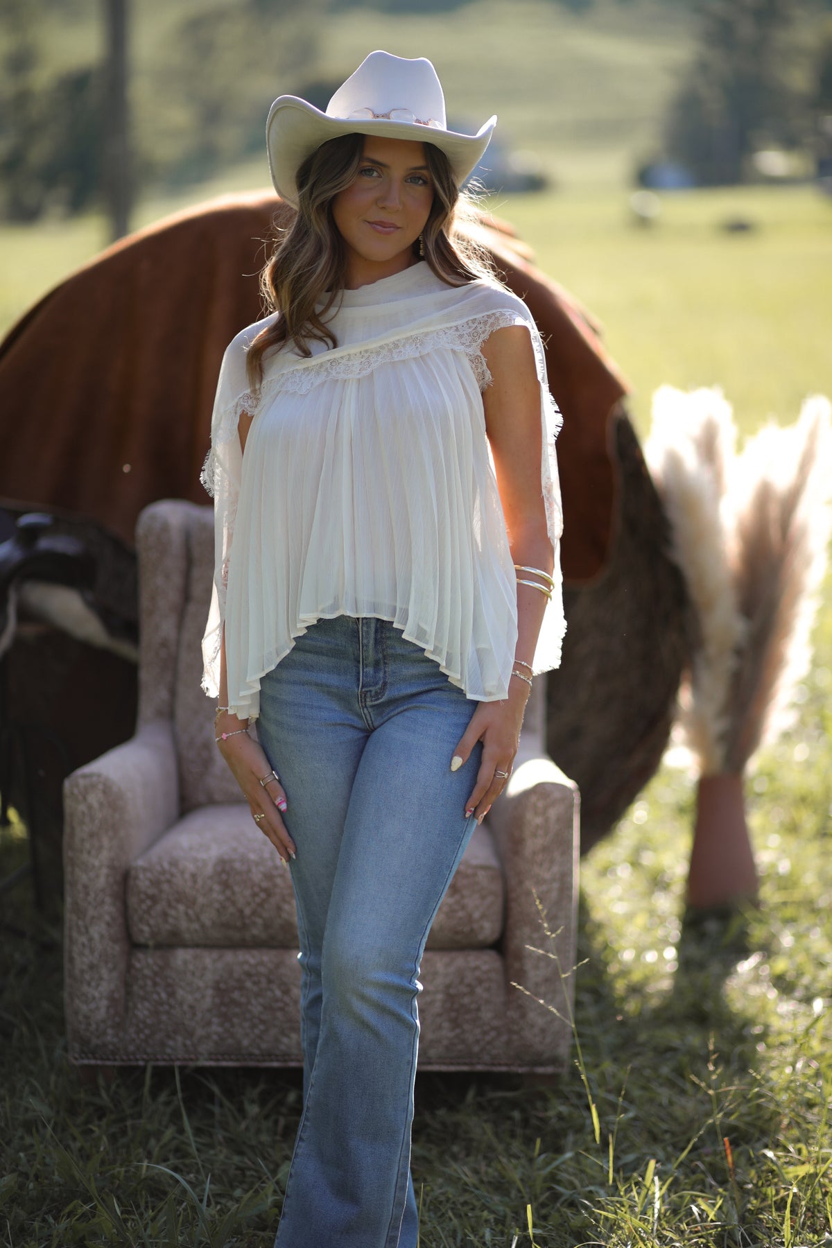 Ivory Pleated Lace Cape Top