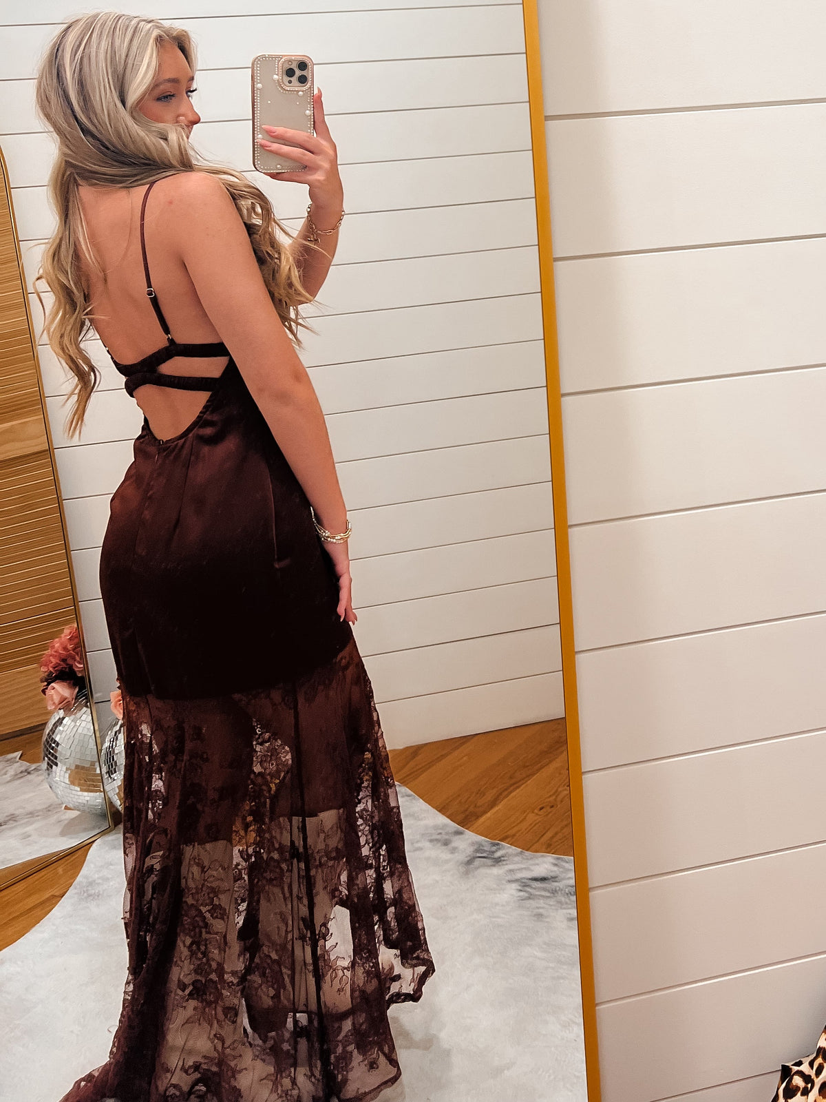 Brown Satin Midi Dress with Side Slit