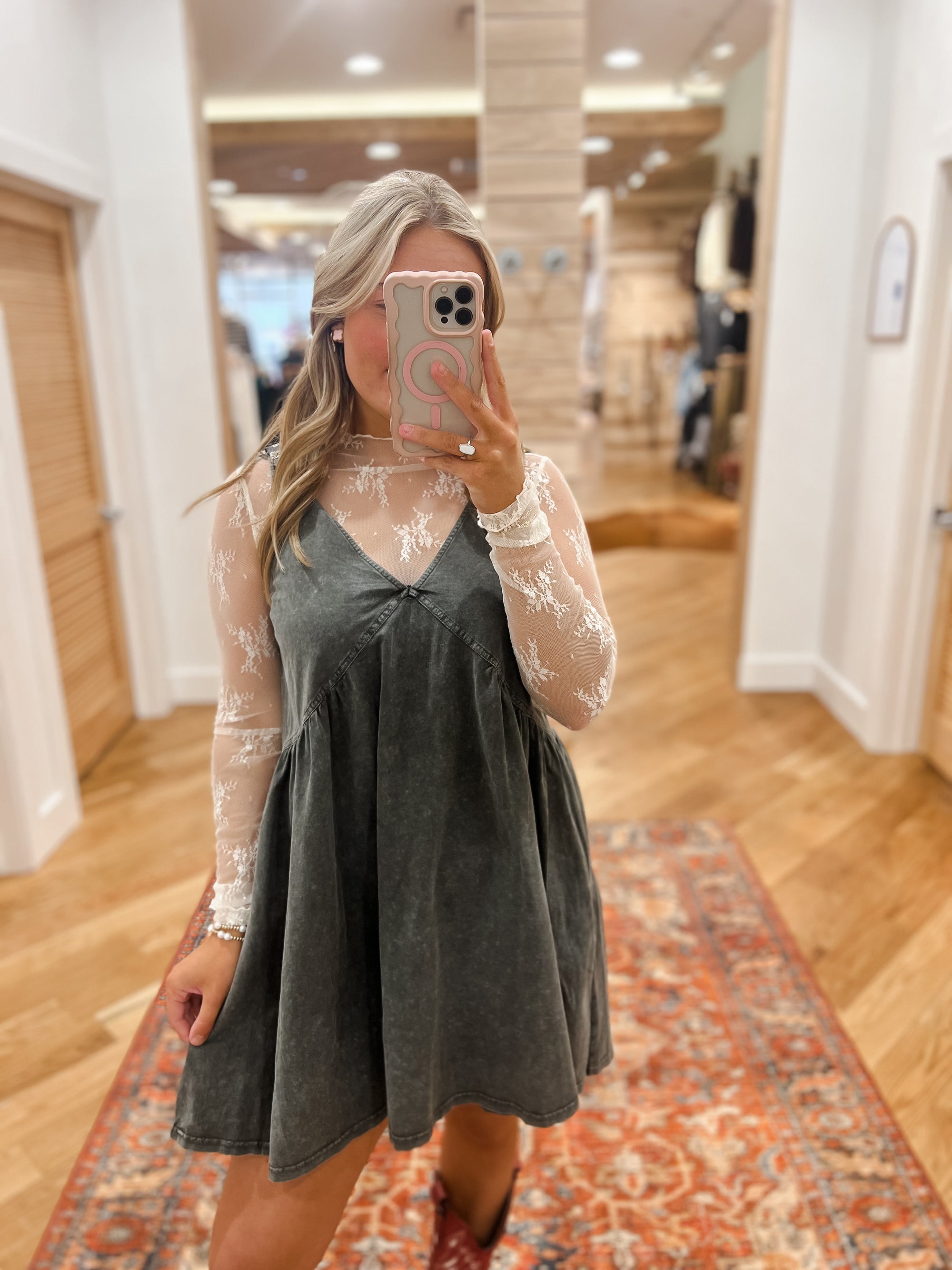Boots and Buckles Babydoll Charcoal Dress