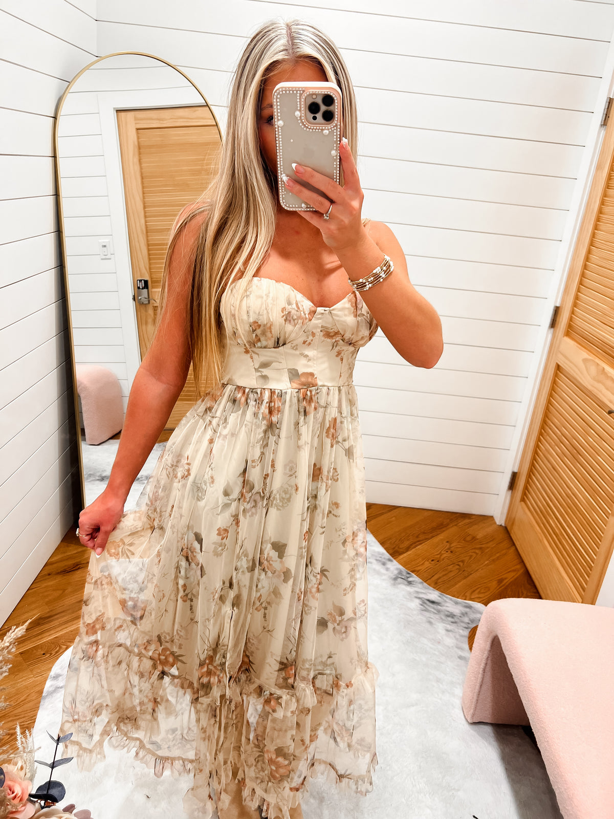 Khaki Floral Sweetheart Corset Midi Dress