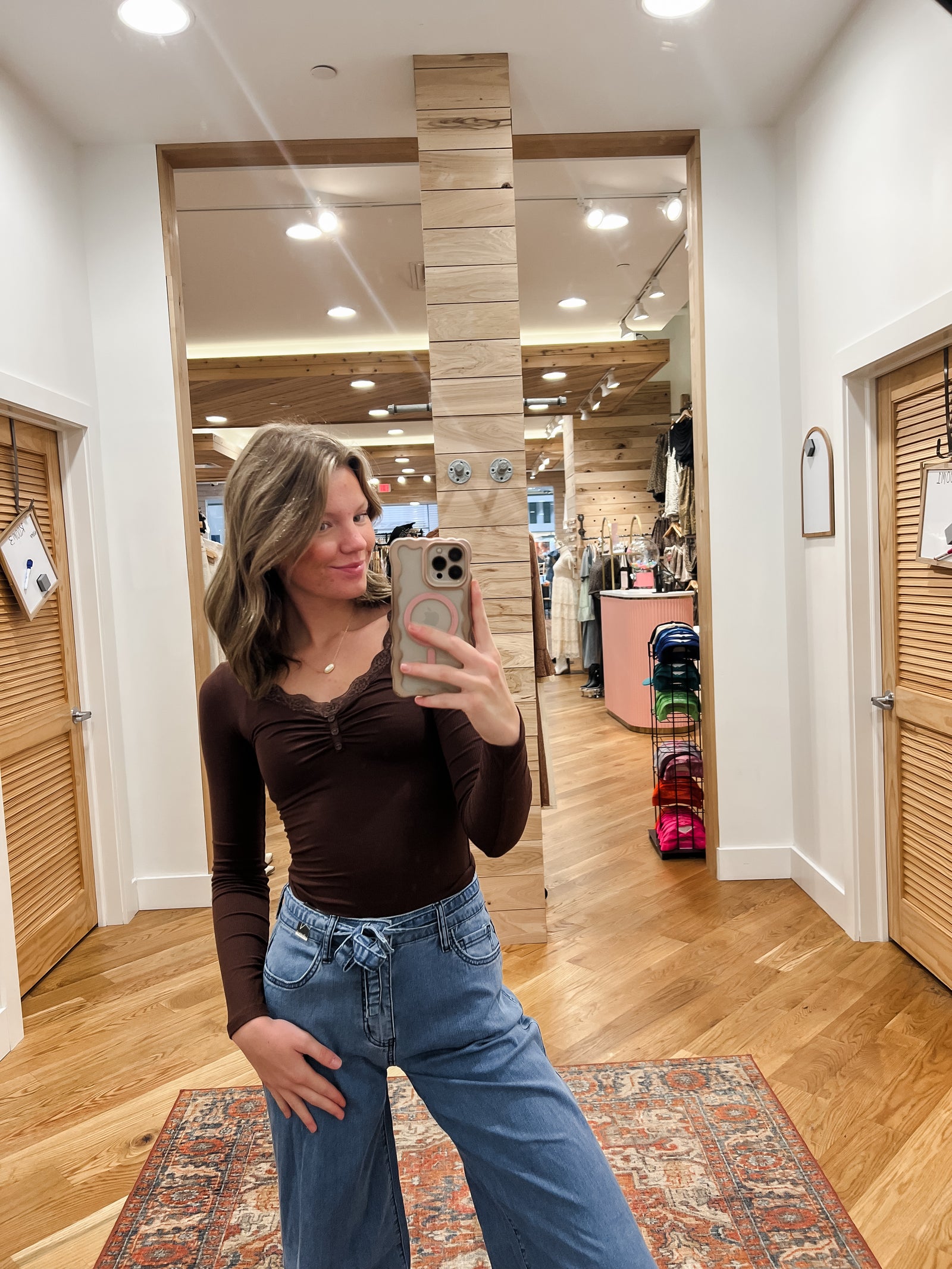 Brooke Mocha Lace Trim Knit Top