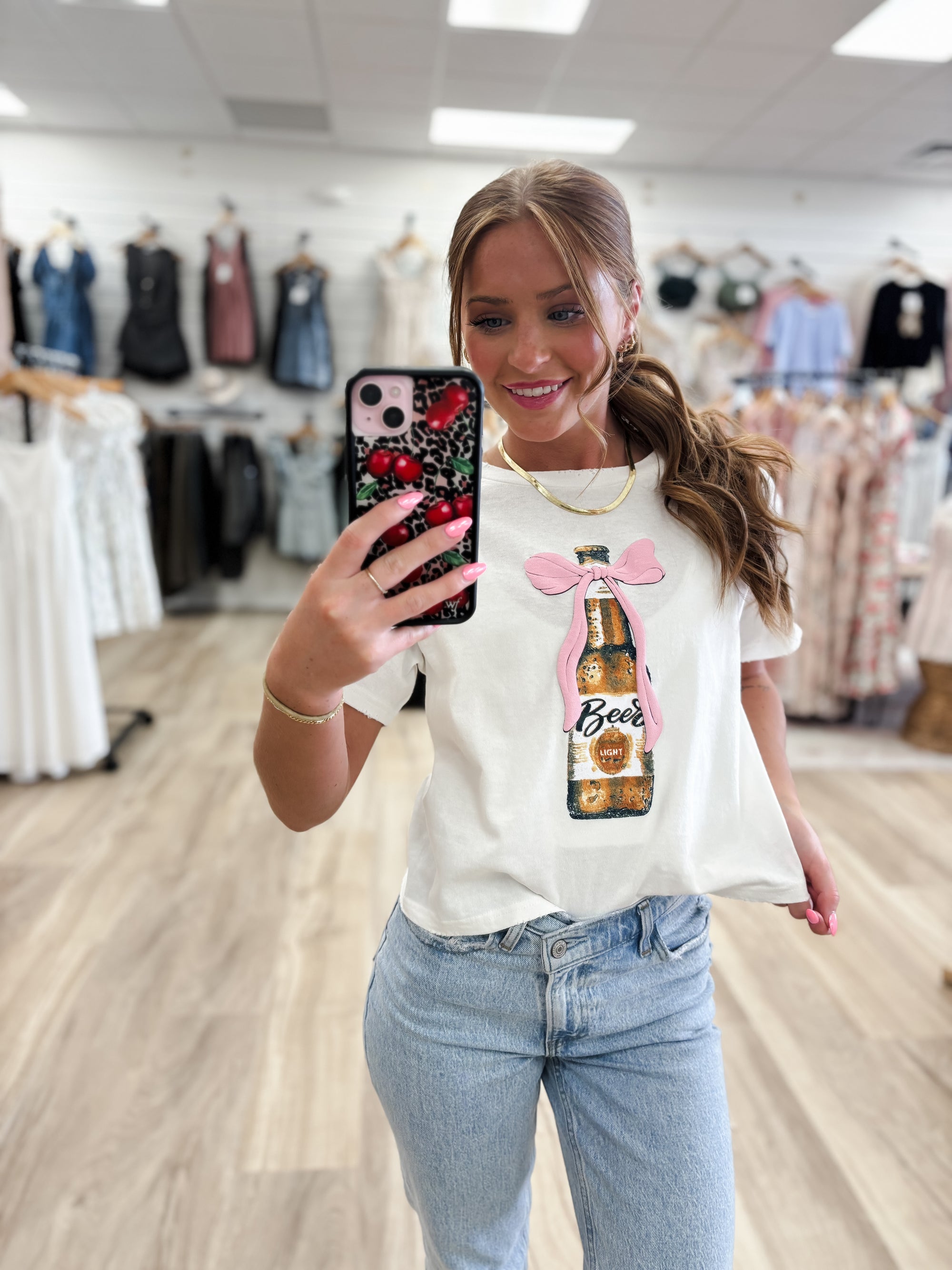 Puff Coquette Bow Beer Vintage White Cropped Tee