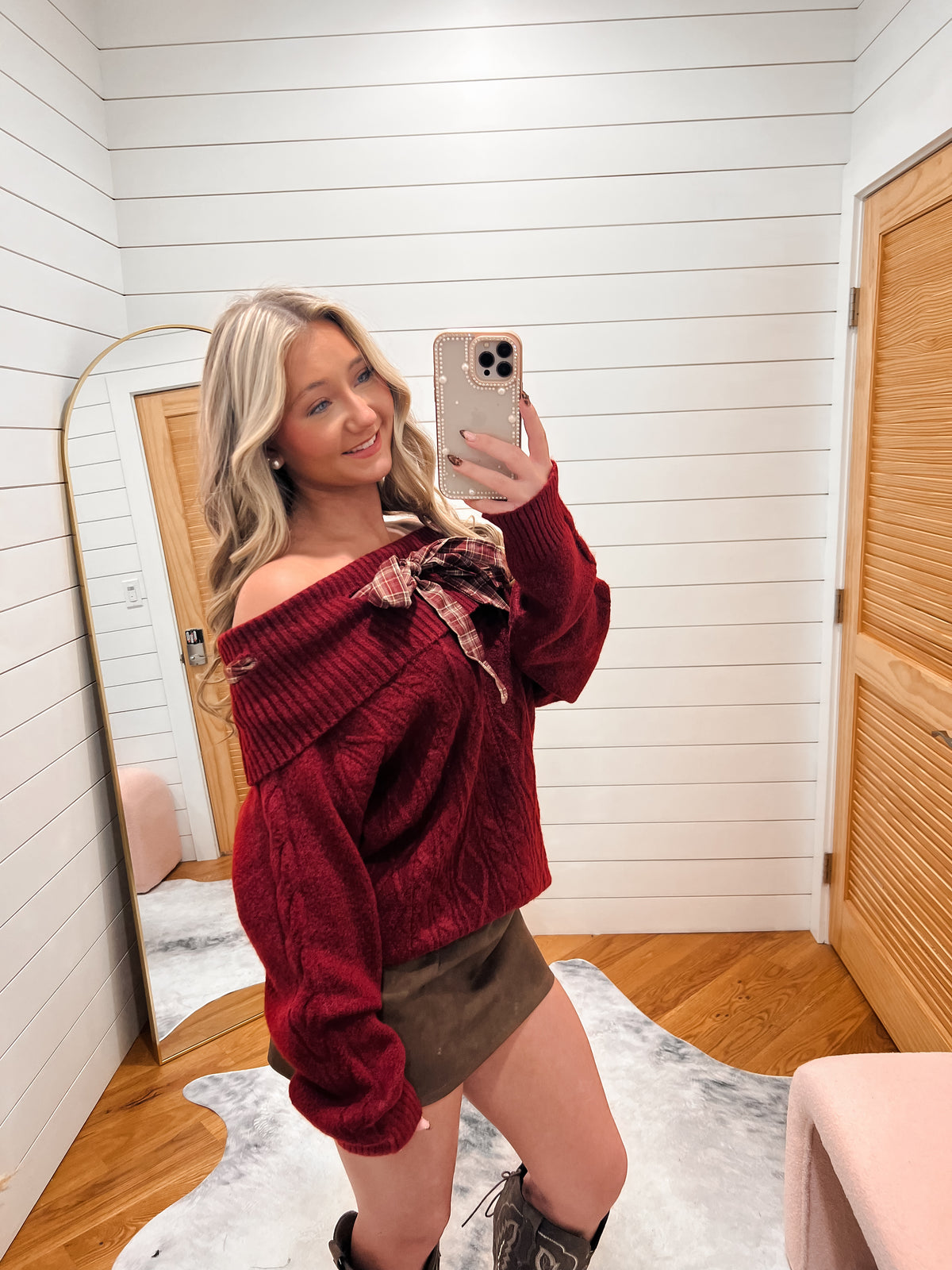 Tartan Bow Ruby Cable Sweater