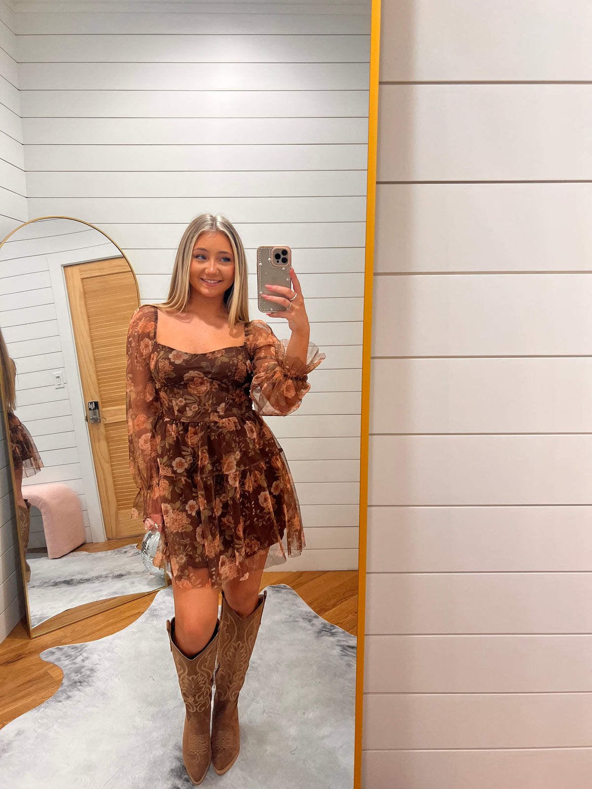 Brown Floral Chiffon Corset Mini Dress