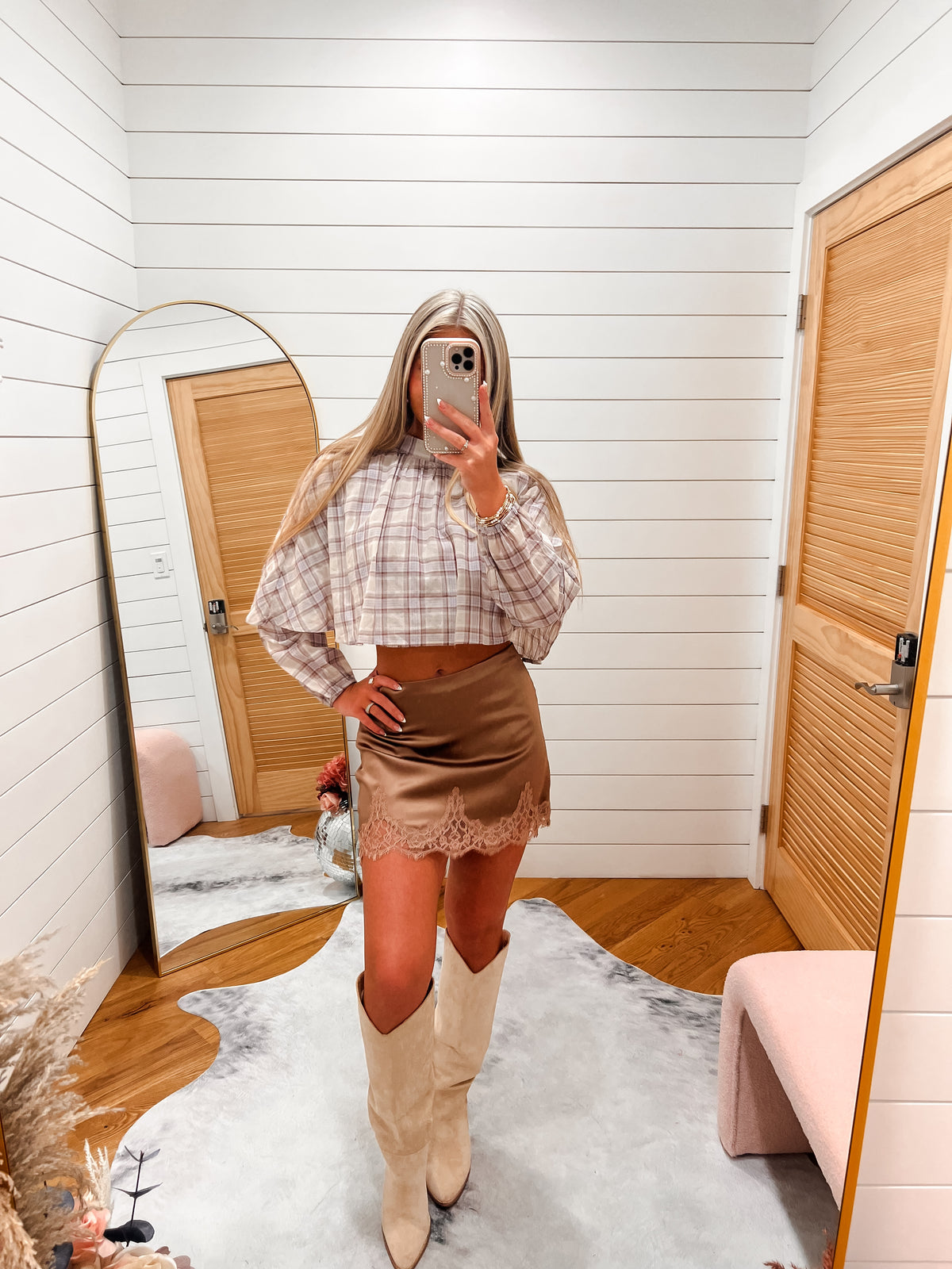 Sagewood Plaid Cropped Blouse