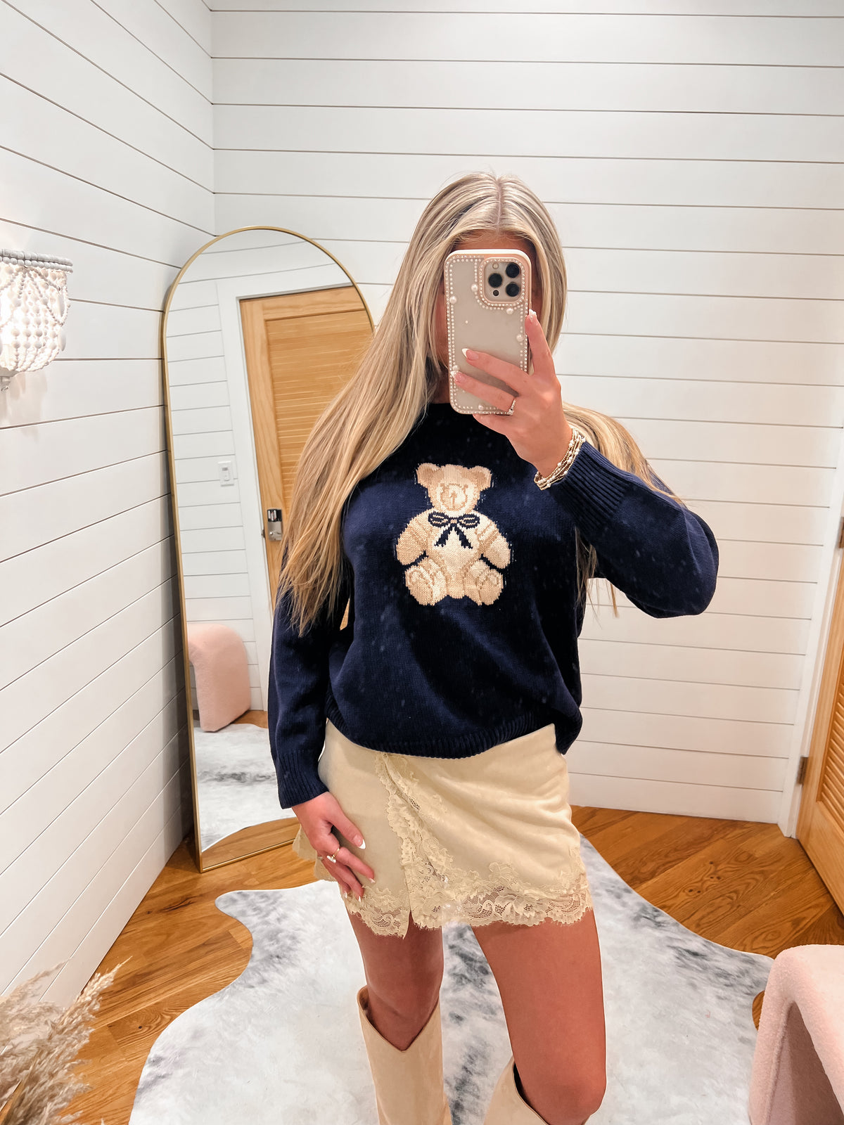 Navy Teddy Jacquard Crew Neck Sweater