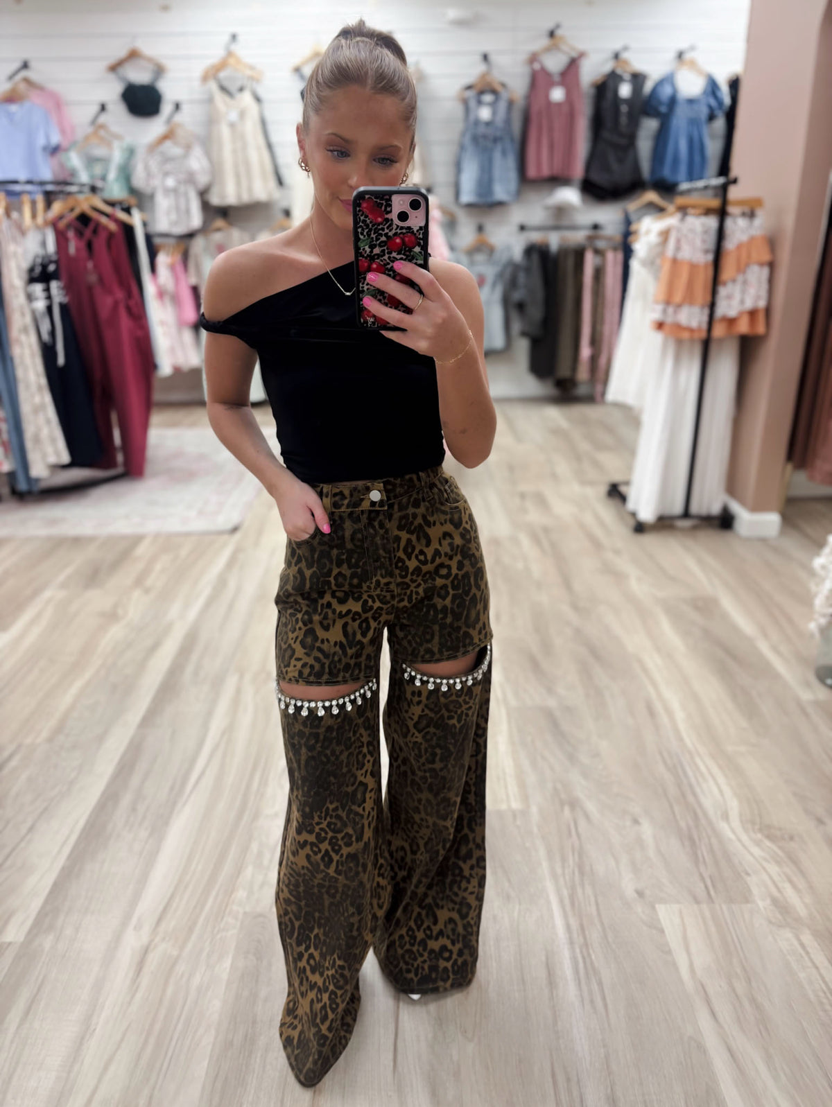 Leopard Mid Rise Crystal Slit Bottom Light Denim Jeans