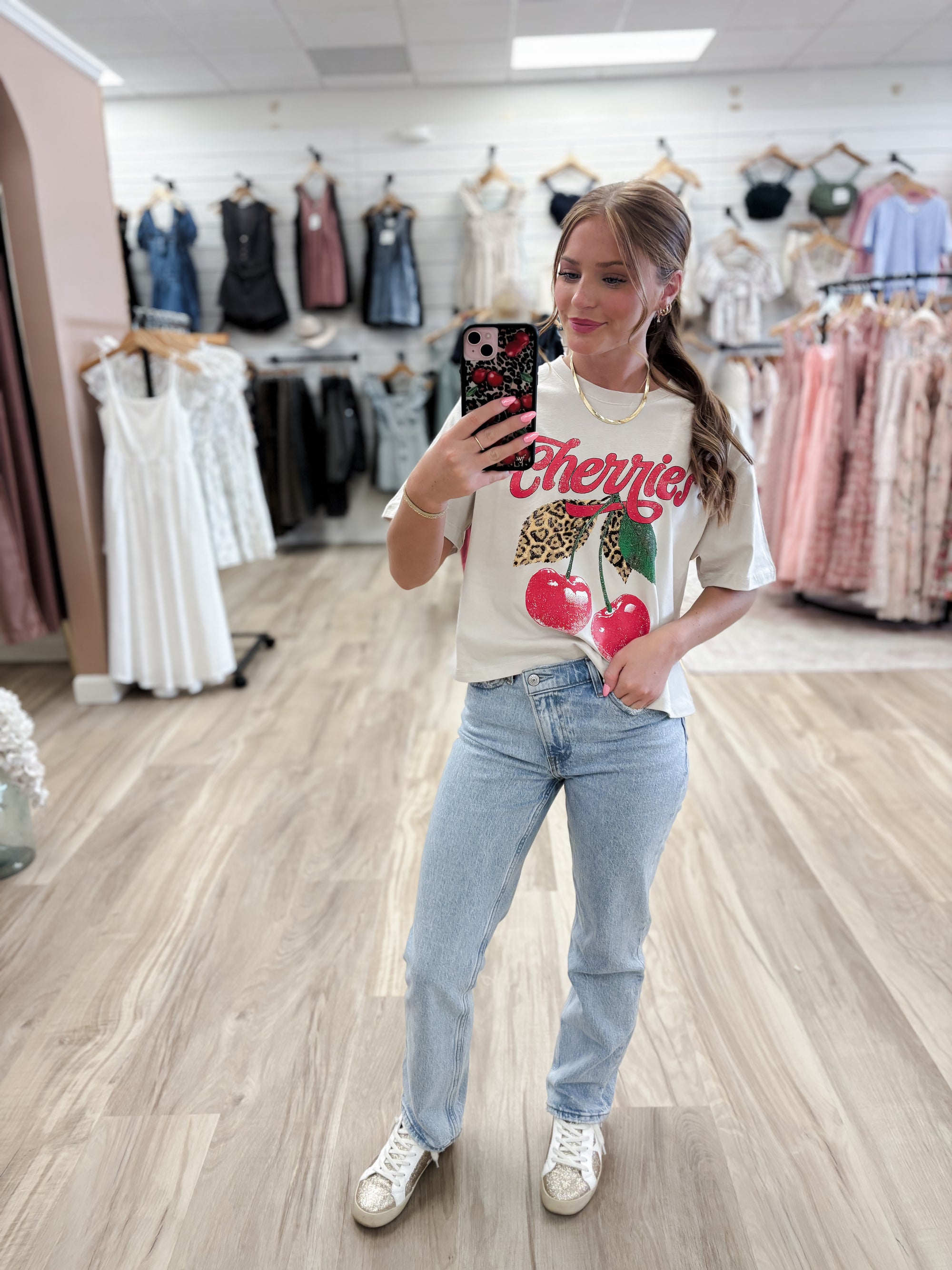 Cheetah and Cherries Vintage Bone Cropped Tee
