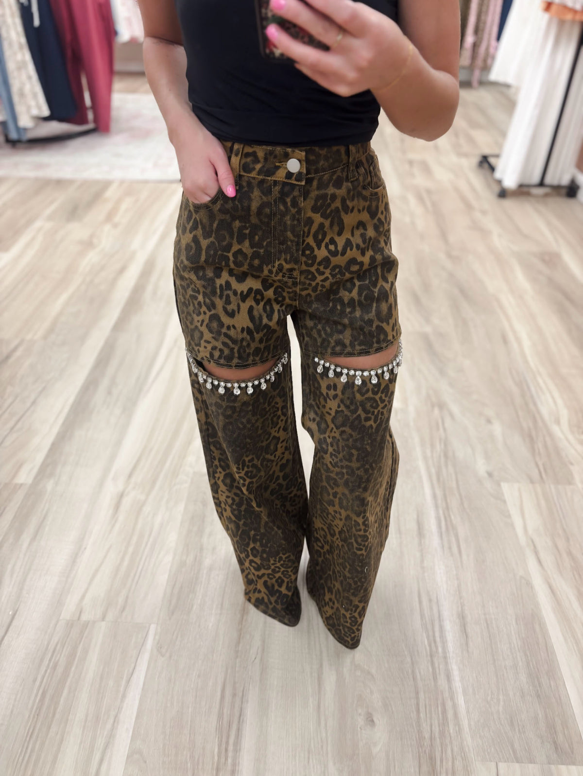 Leopard Mid Rise Crystal Slit Bottom Light Denim Jeans