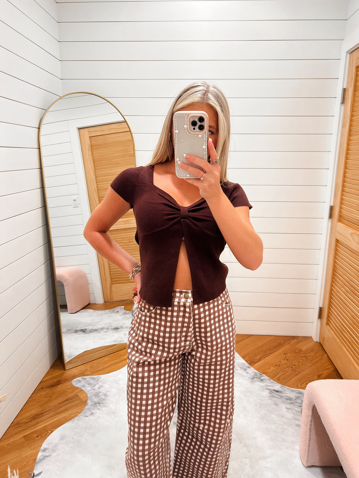 Chocolate Gingham Barrel Jeans