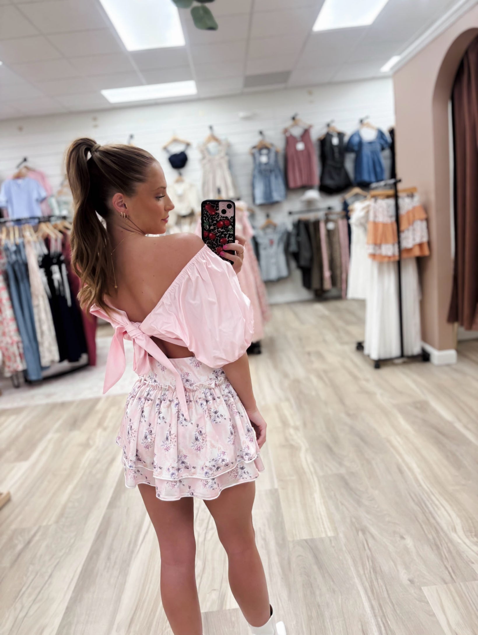 Puff Sleeve Back Tie Pink Crop Top