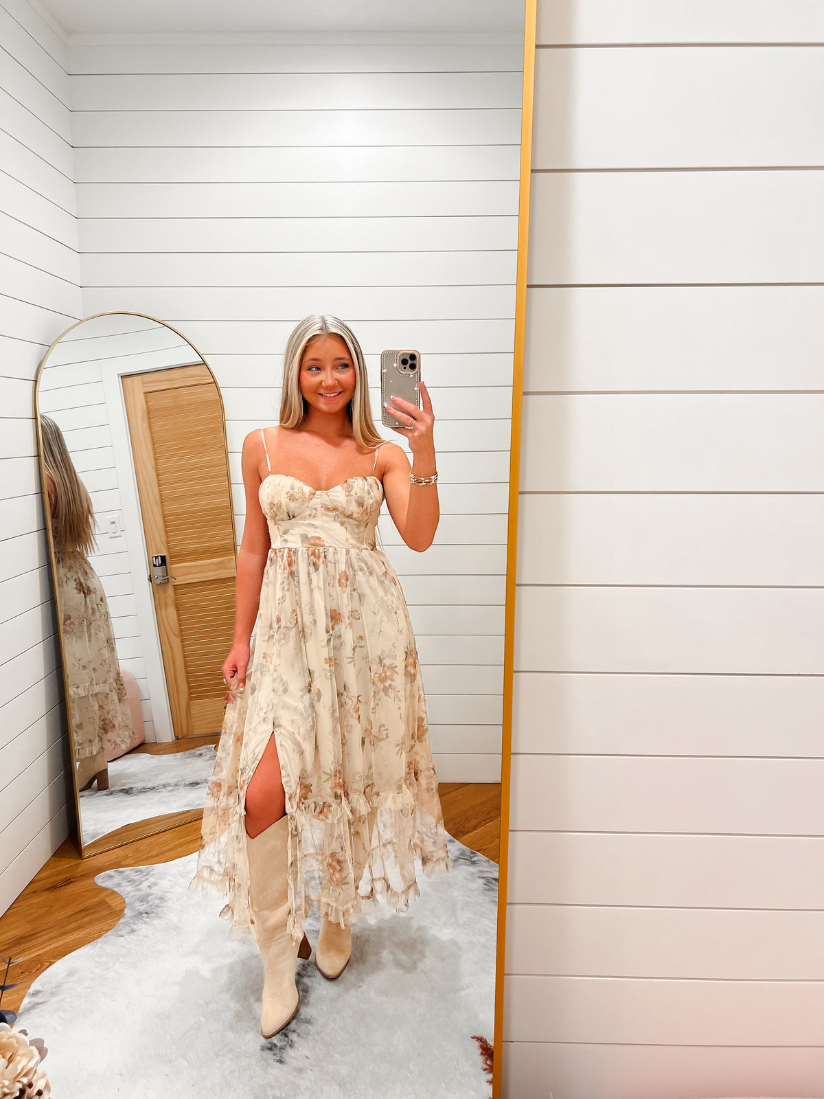 Khaki Floral Sweetheart Corset Midi Dress