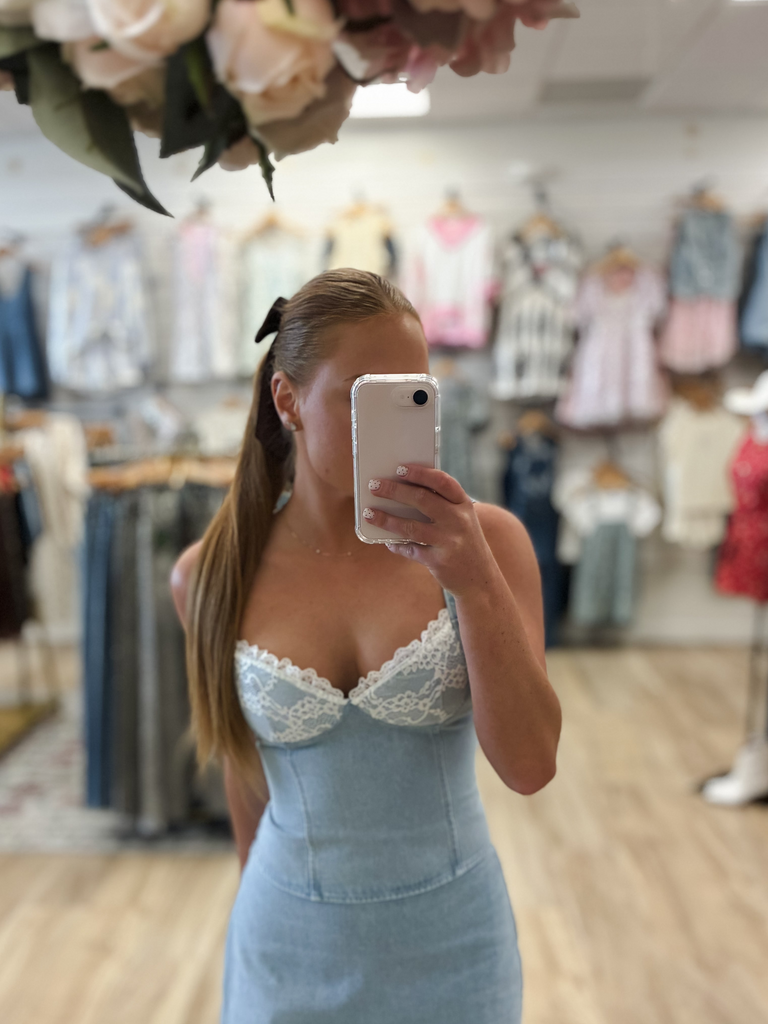 denim top lace bottom dress Lace Up Mini Denim Dress bebe