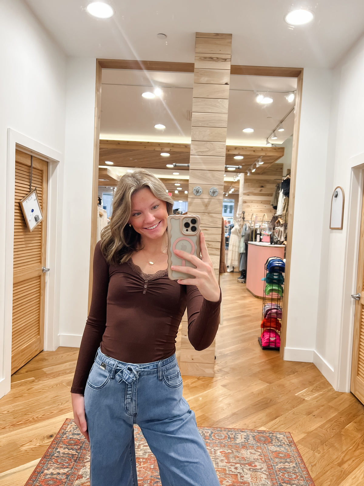 Brooke Mocha Lace Trim Knit Top