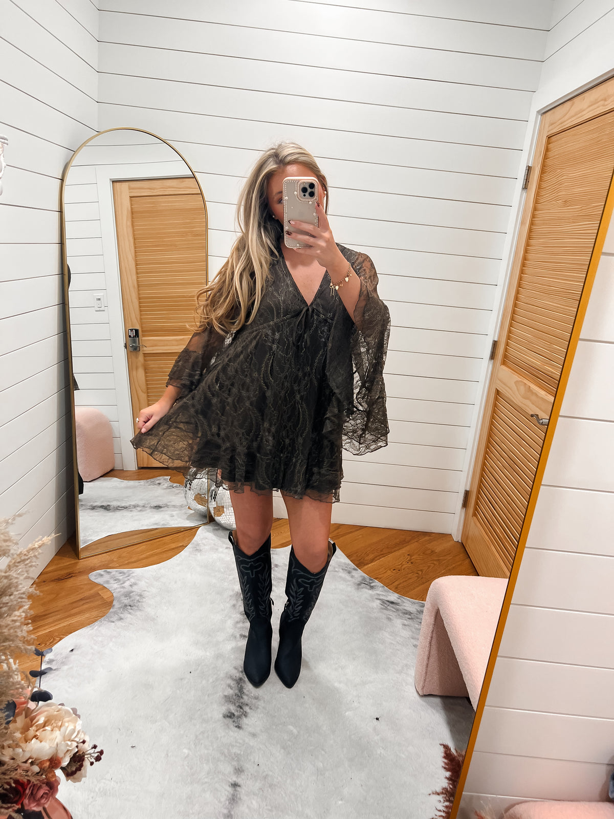 Ruffled V-Neck Dark Brown Mini Dress