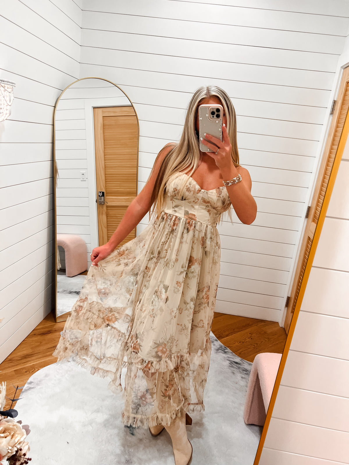 Khaki Floral Sweetheart Corset Midi Dress
