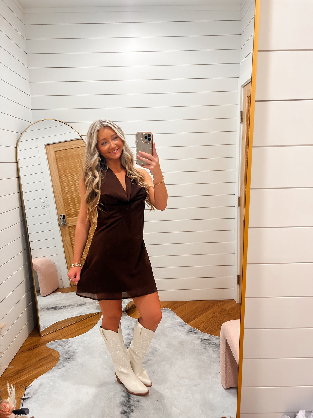 Brown Cowl Neck Scarf Mini Dress