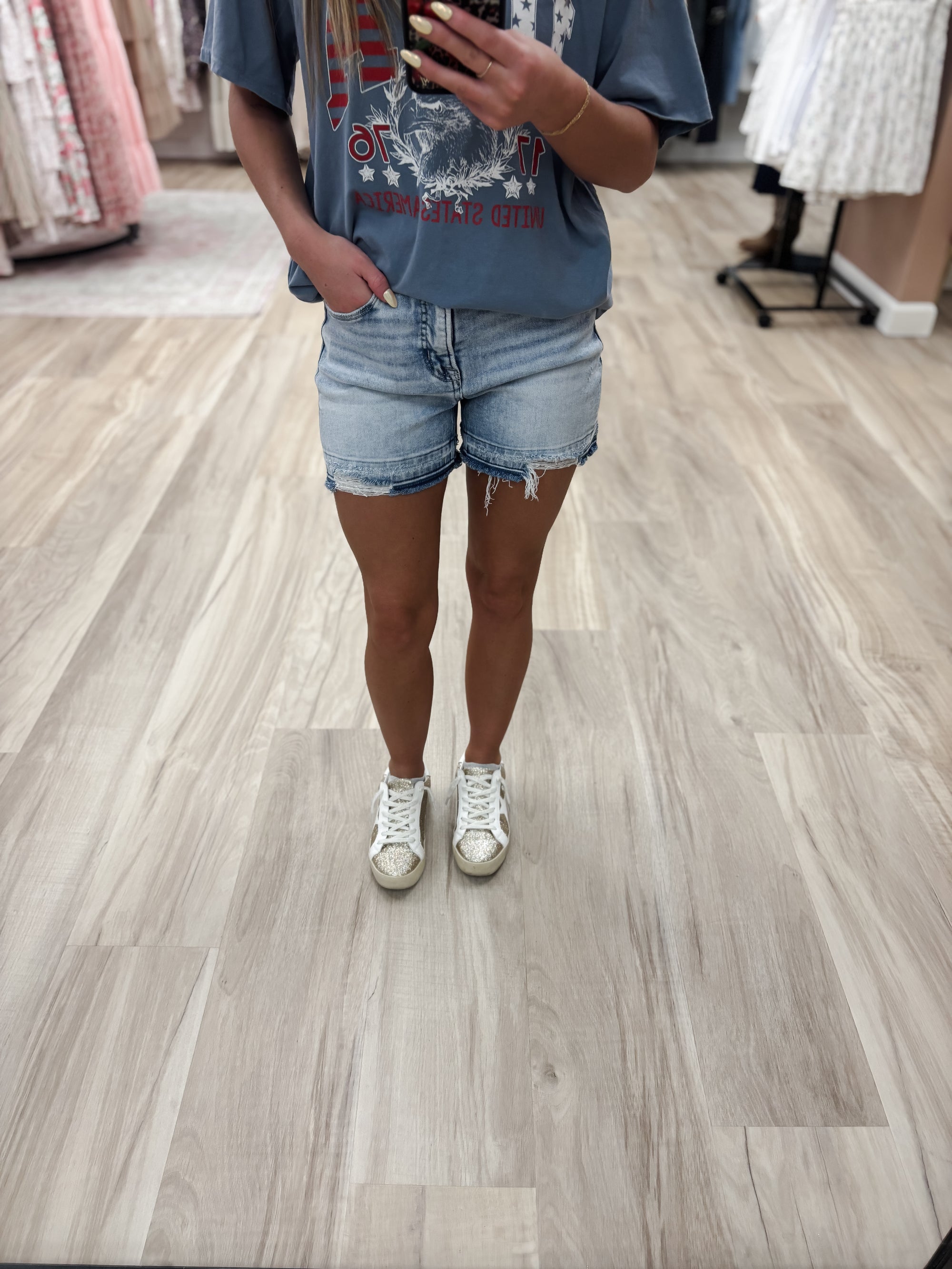 R High Rise Tummy Control Released Hem Light Denim Shorts
