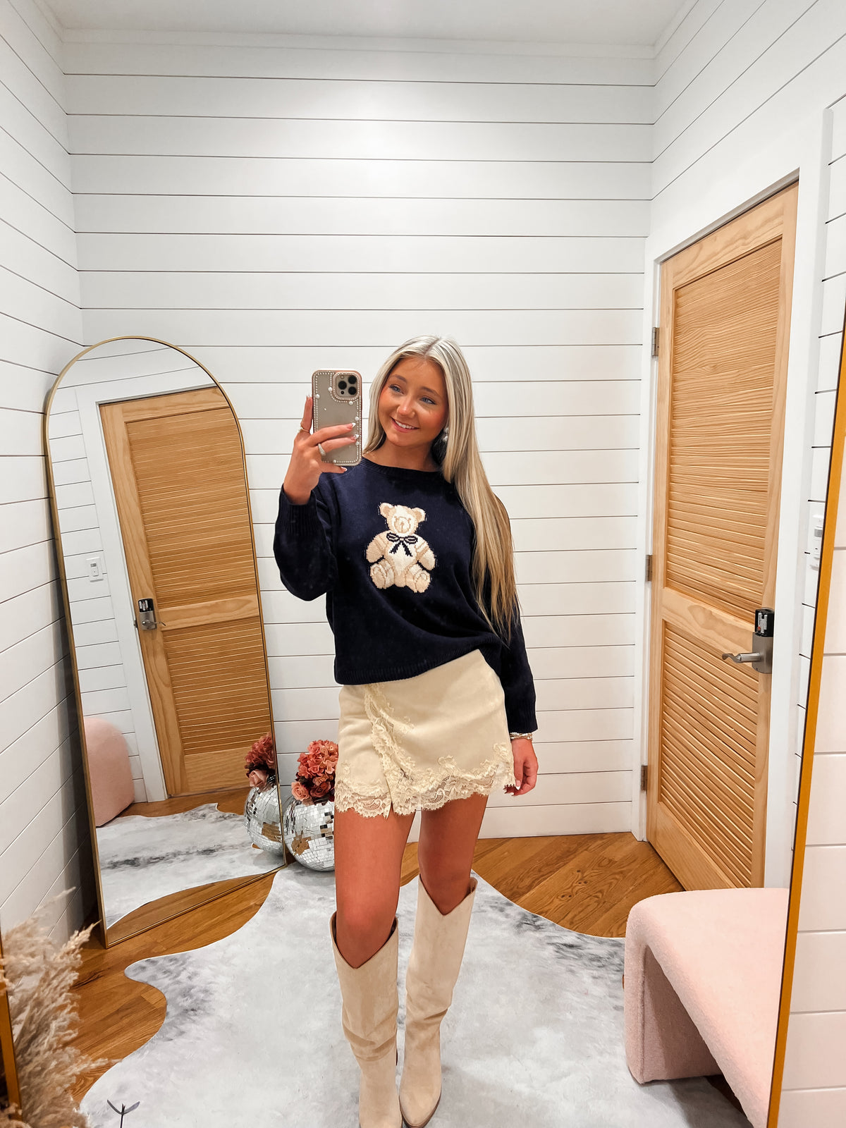 Navy Teddy Jacquard Crew Neck Sweater