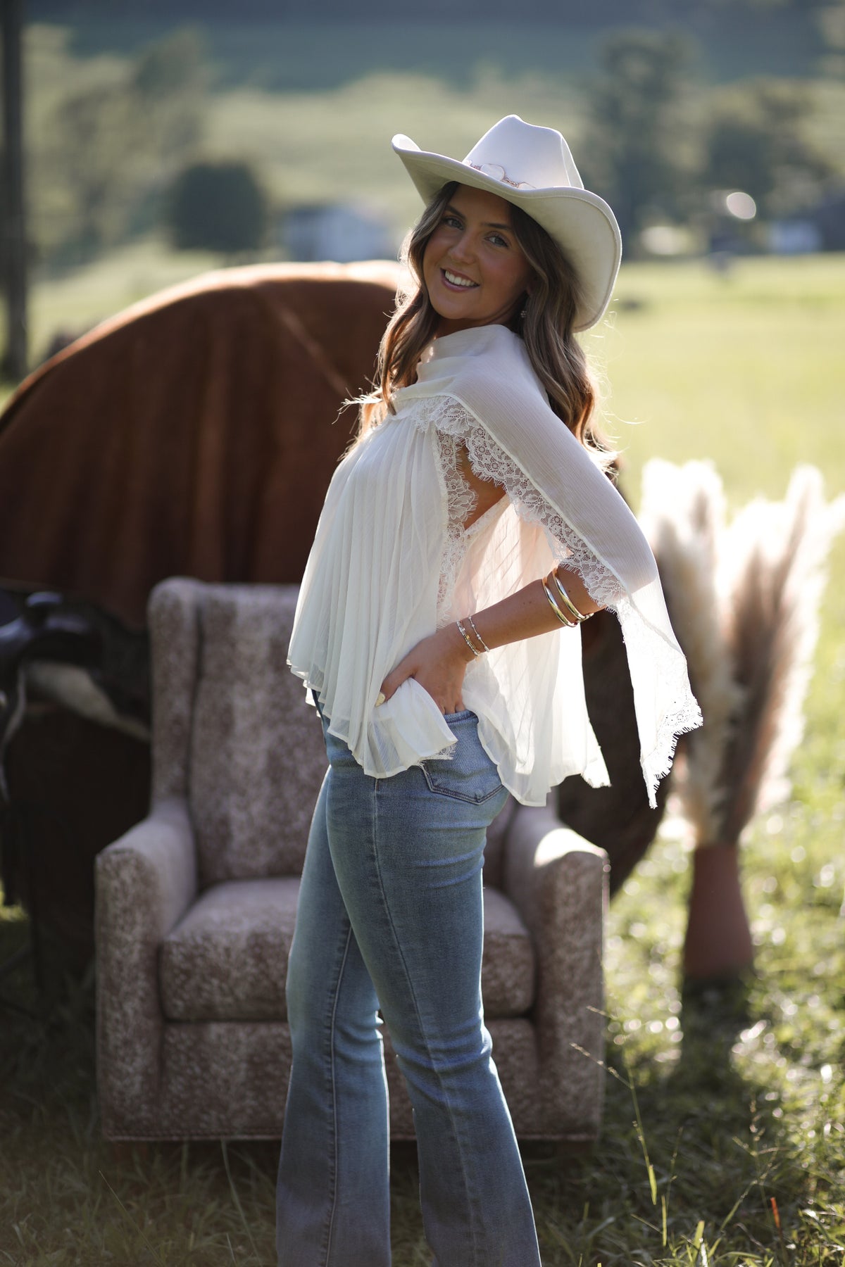 Ivory Pleated Lace Cape Top