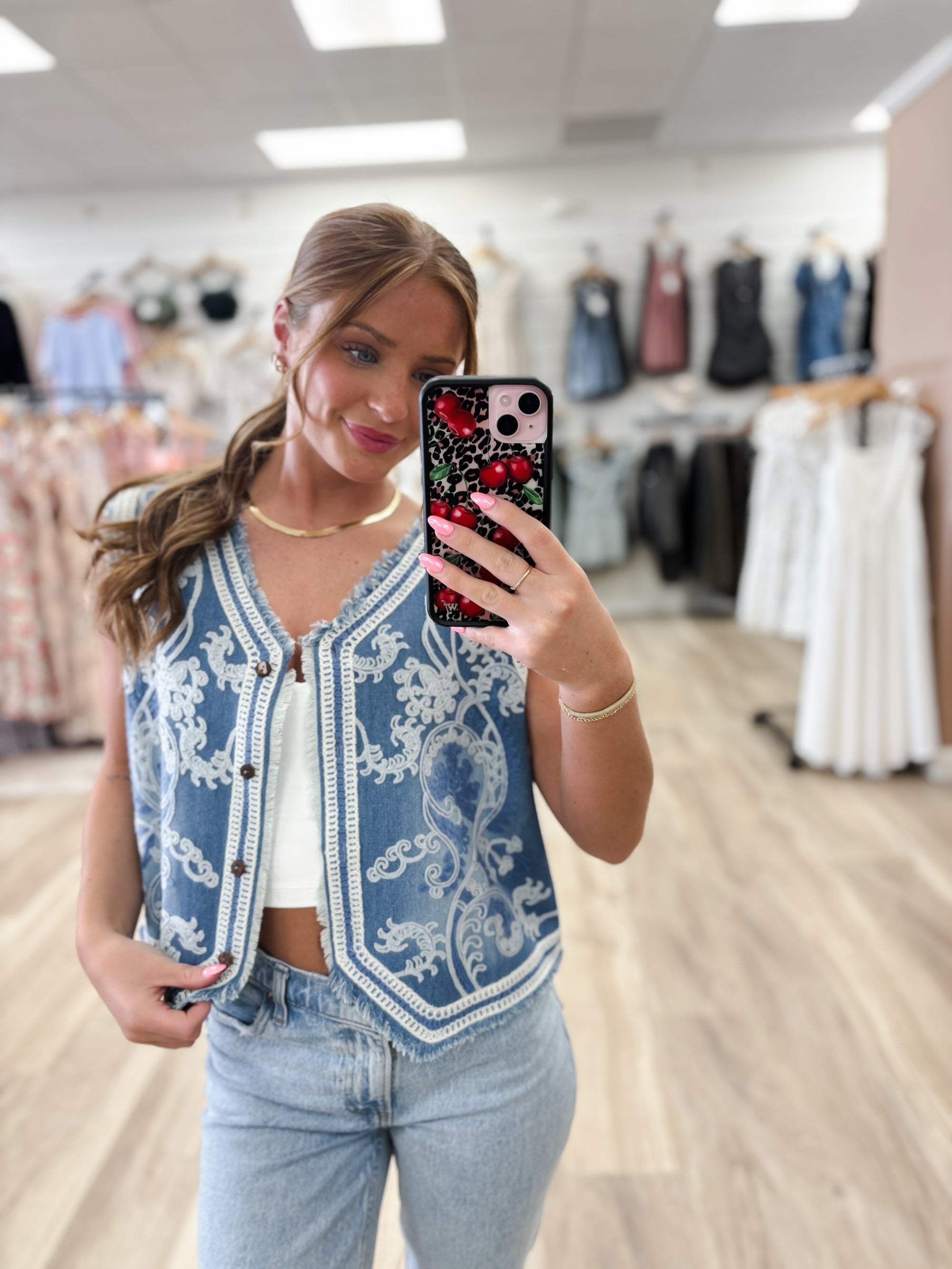 Western Indigo Denim Embroidered Vest