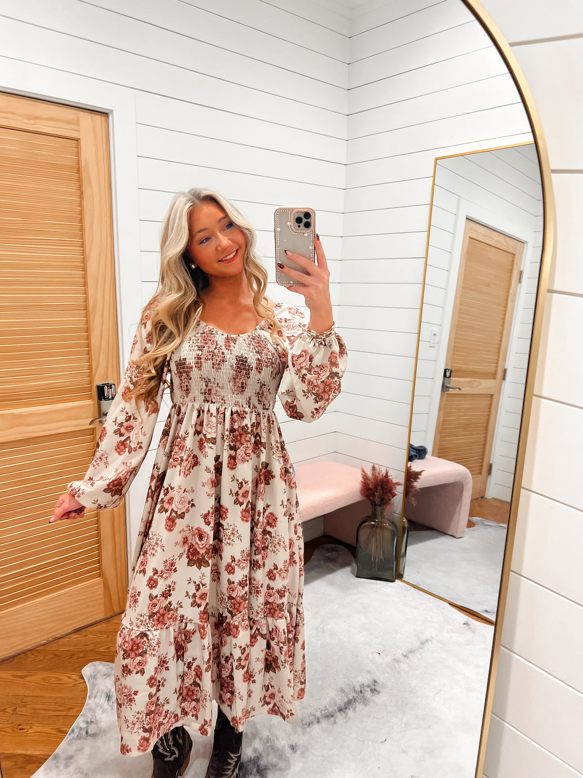 Meadow Taupe Floral Smocked Midi Dress