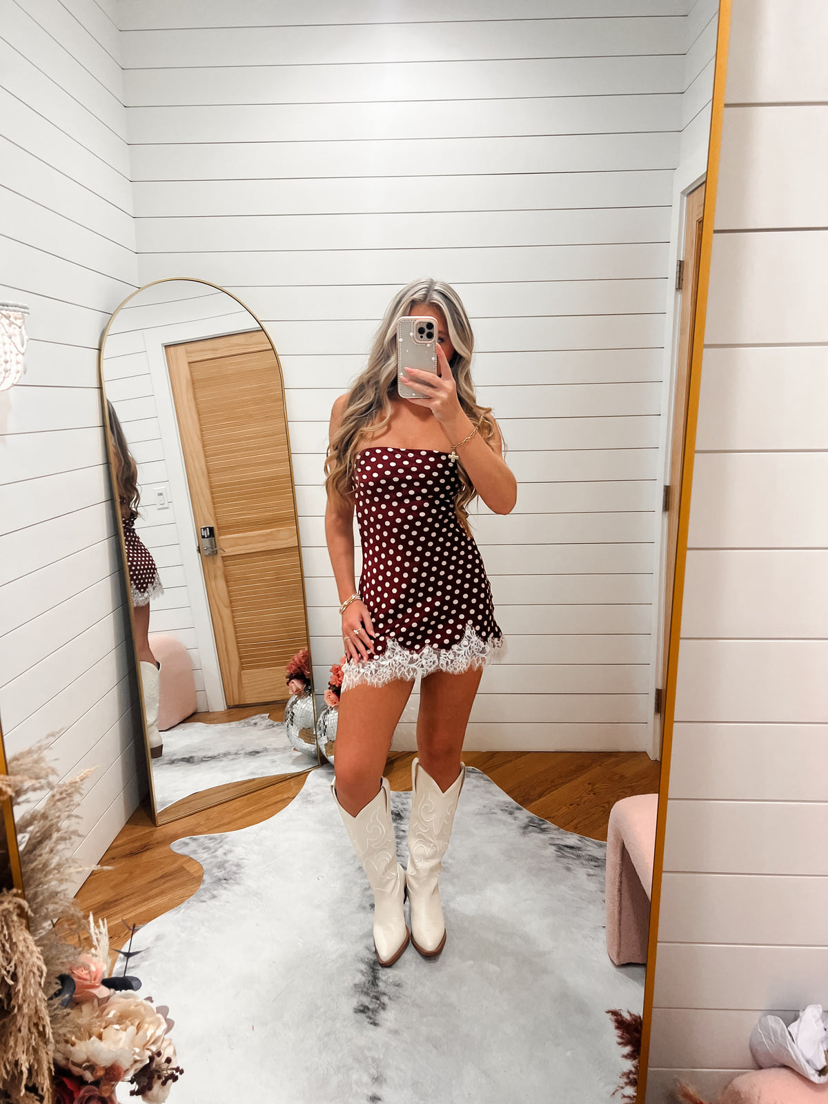 The polka dot wine lace trim mini dress