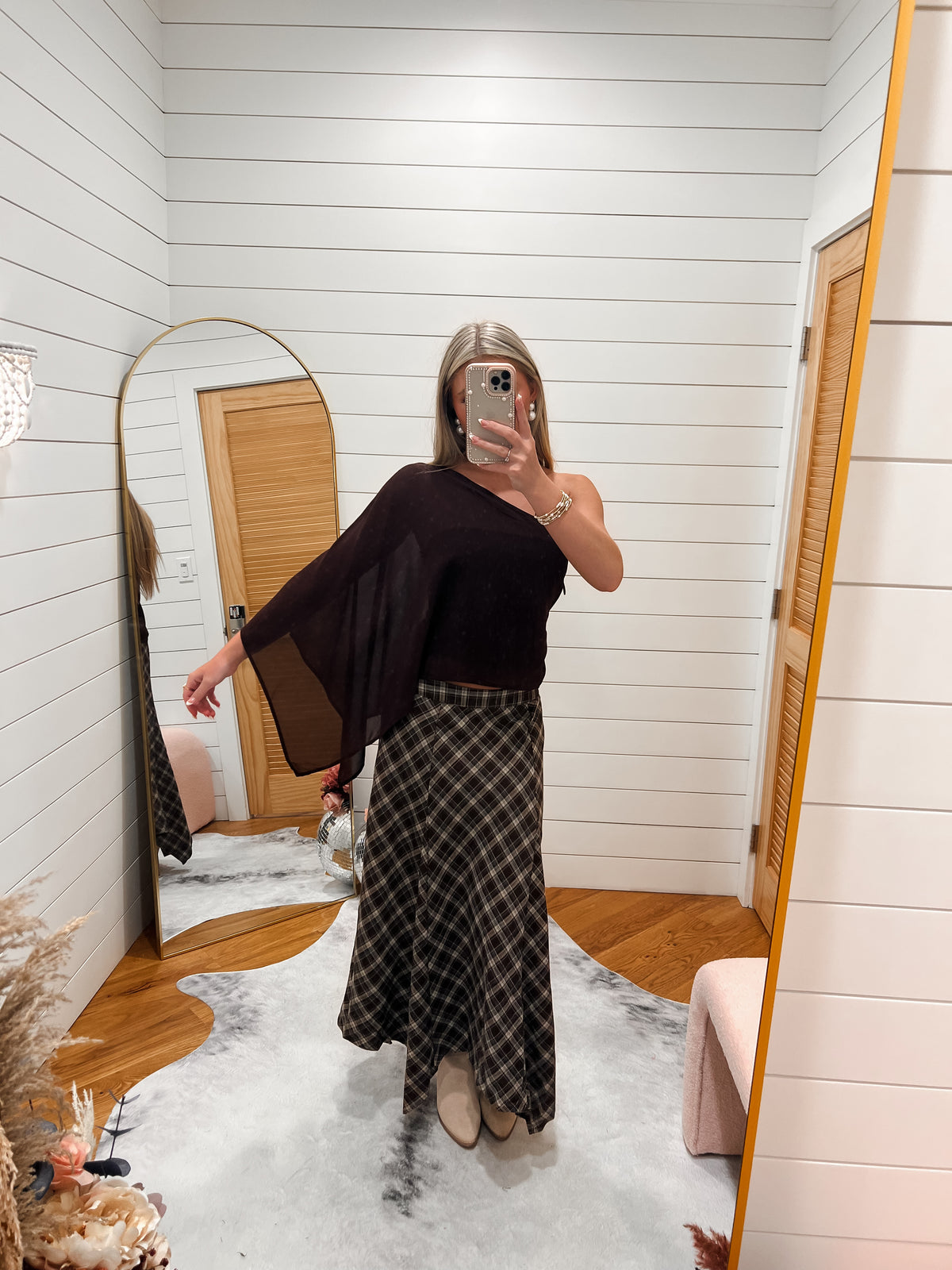 Chocolate Plaid Hem Midi Skirt