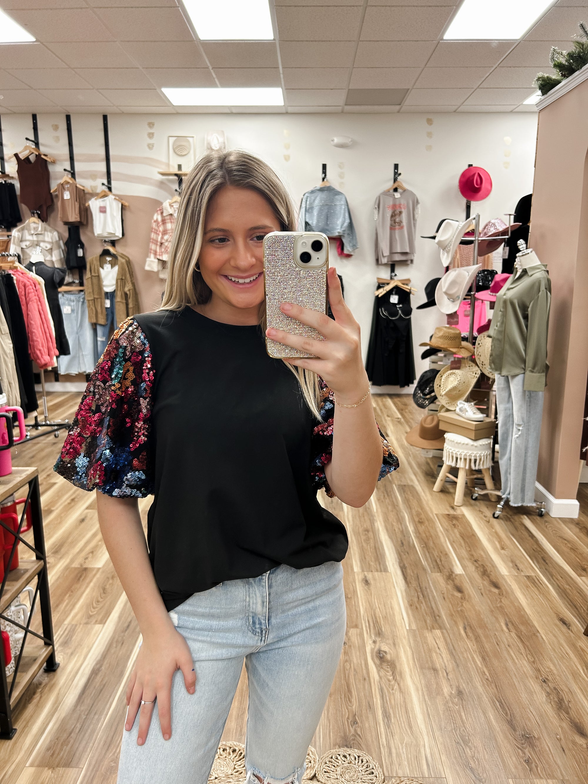 Floral Sequin Sleeve Top