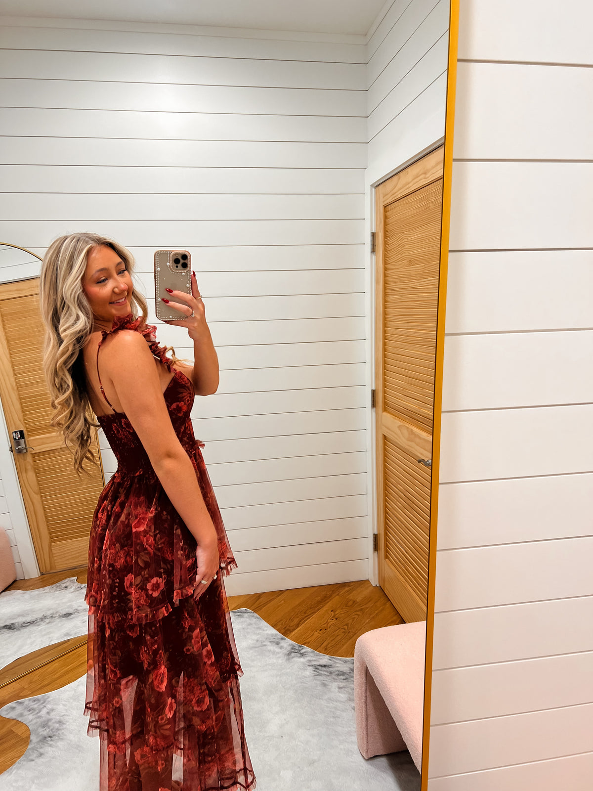 Burgundy Blossom Corset Ruffle Midi Dress