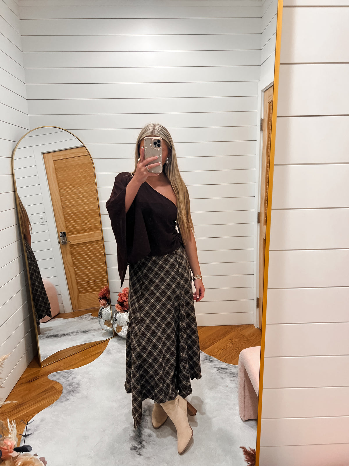 Chocolate Plaid Hem Midi Skirt