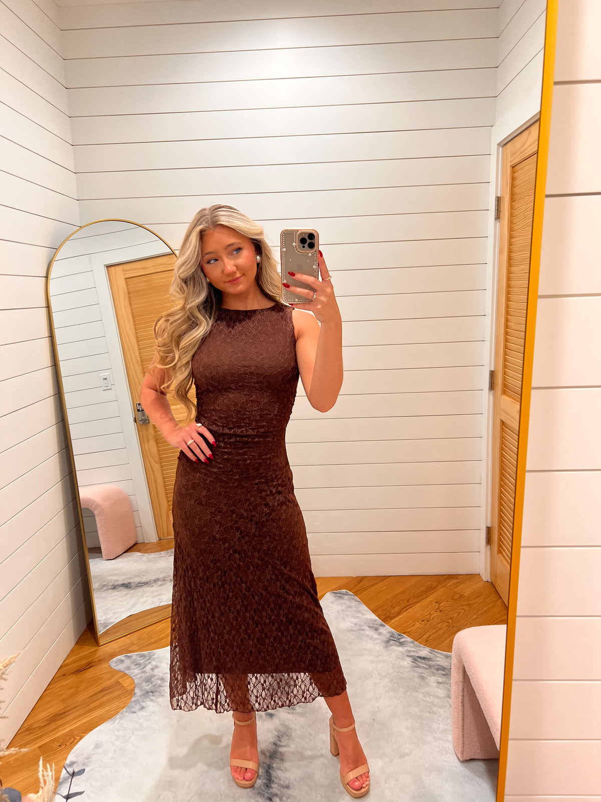 Dark Brown Lace Ruched Tank Midi Dress