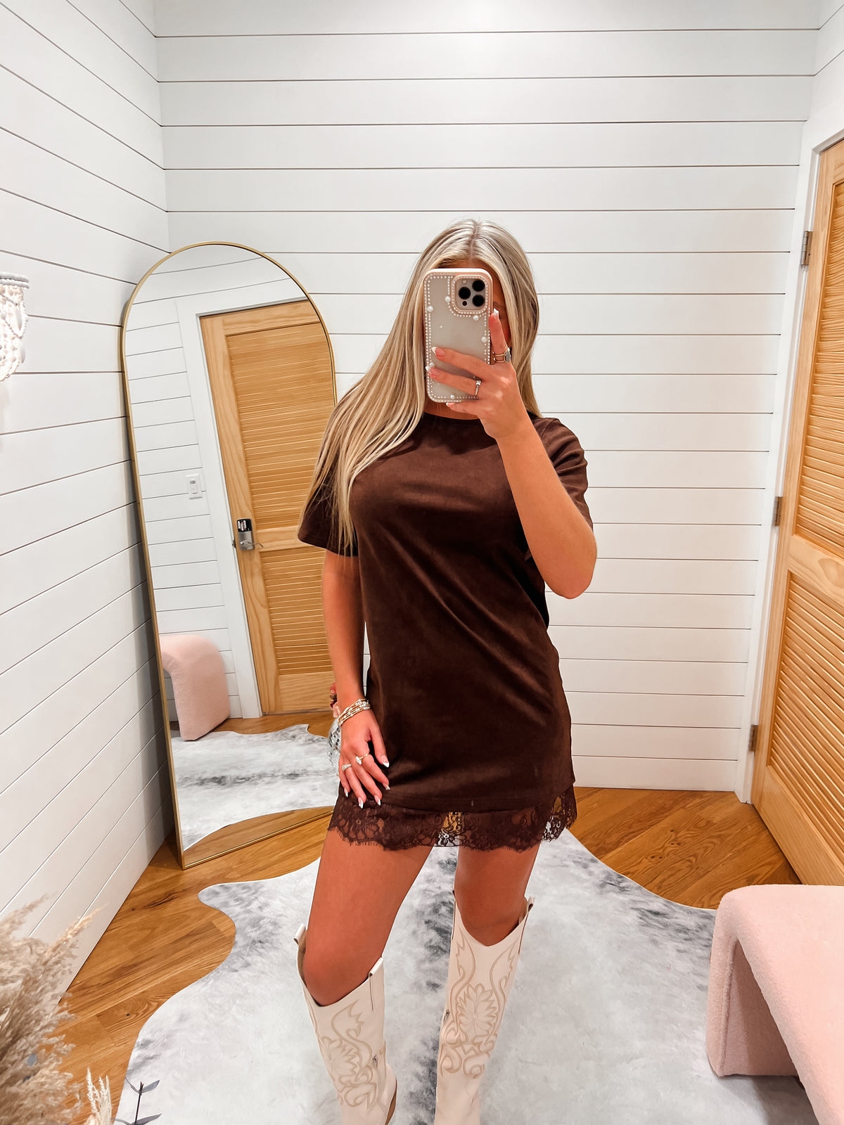 Chocolate Faux Suede Lace Hem Mini Dress