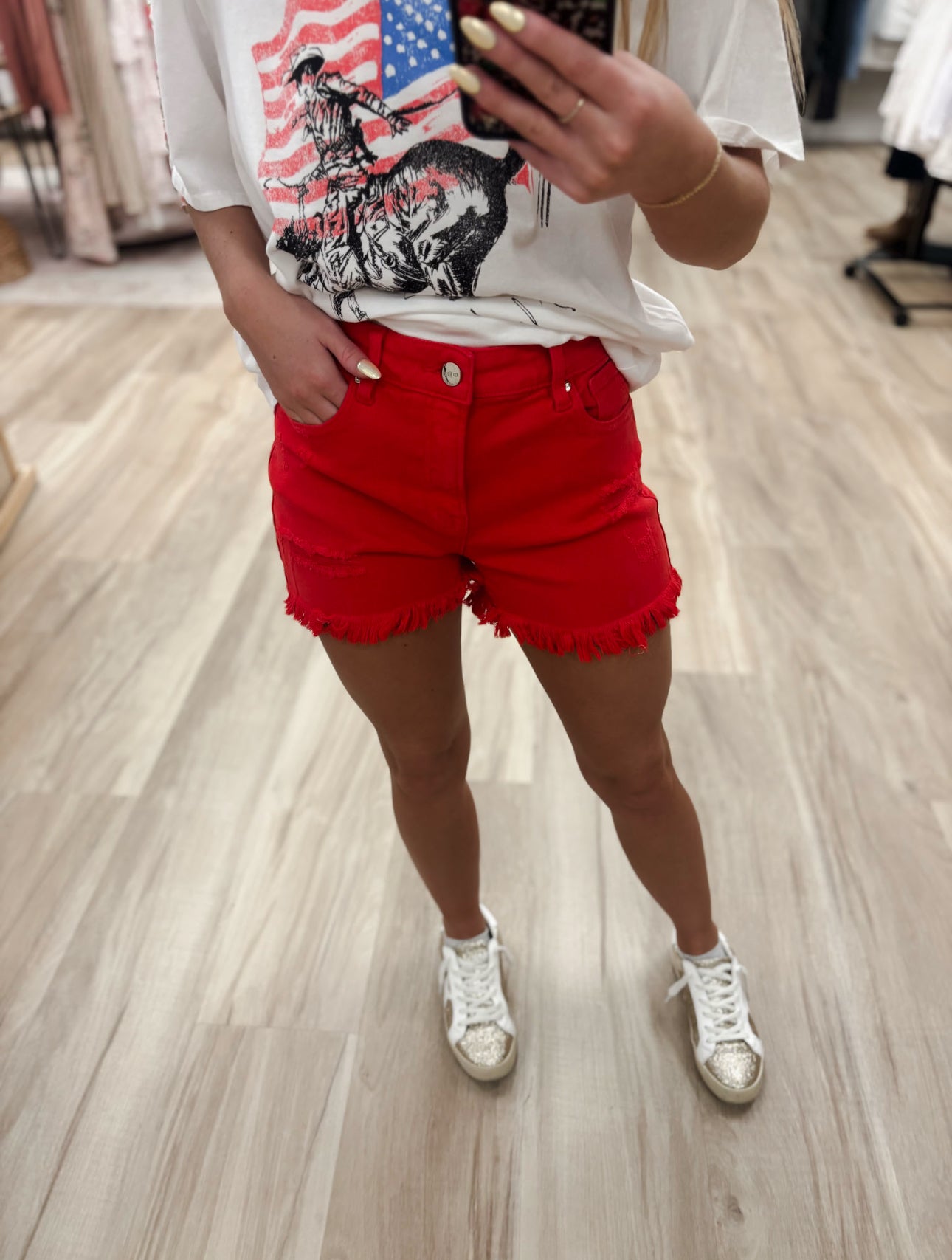 R High Rise Red Denim Shorts