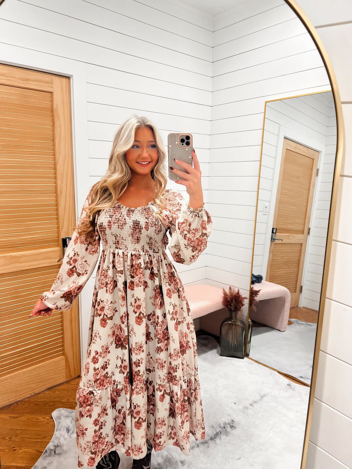 Meadow Taupe Floral Smocked Midi Dress