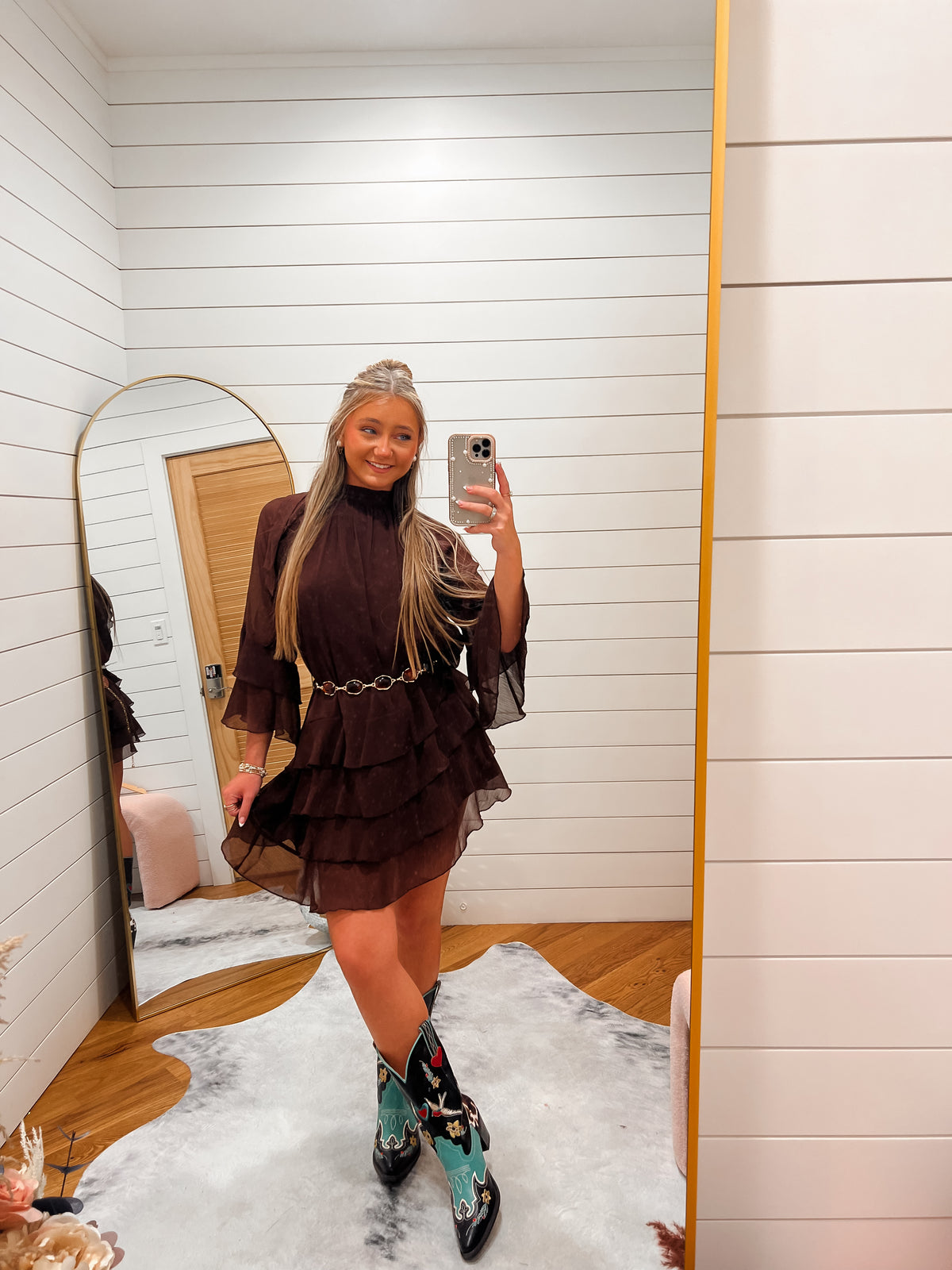 Brown Ruffle Chiffon Mini Dress