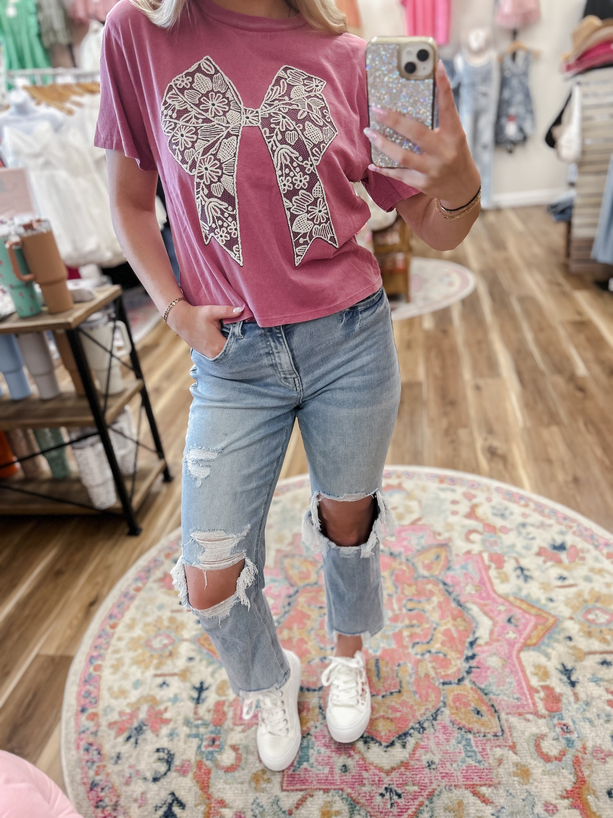 Puff Lace Bow Pink Graphic Tee