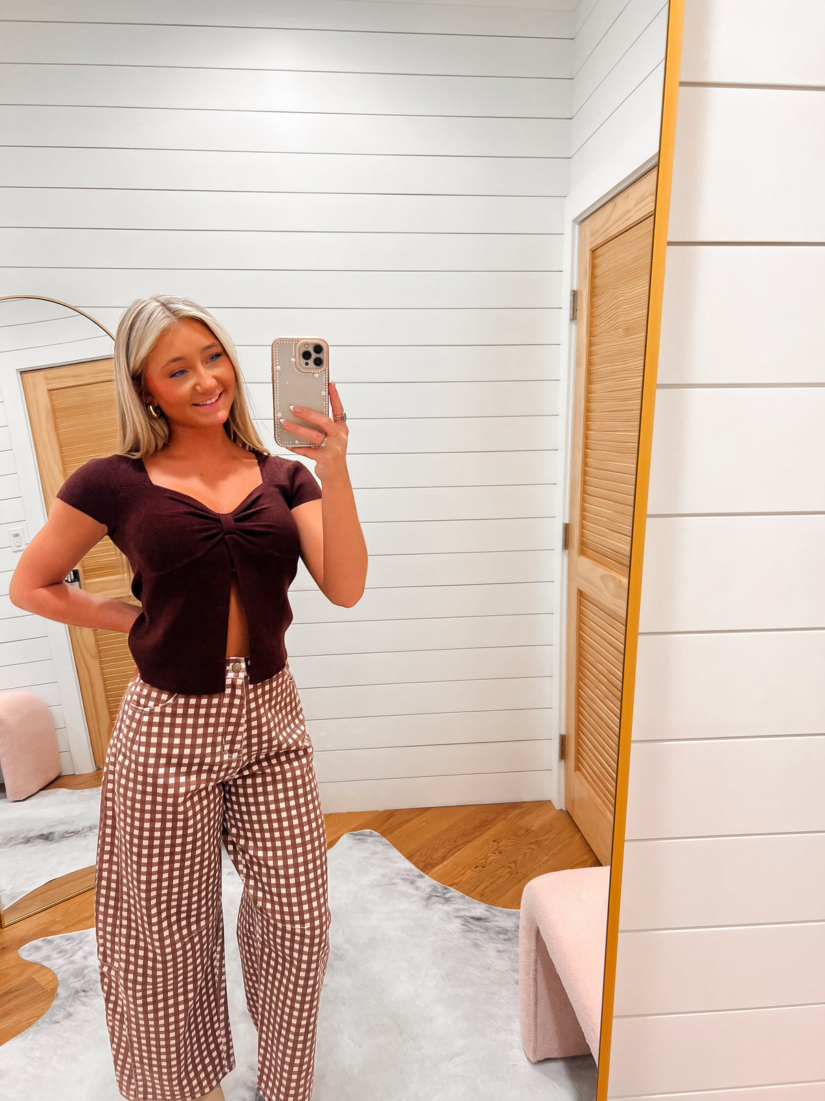 Chocolate Gingham Barrel Jeans