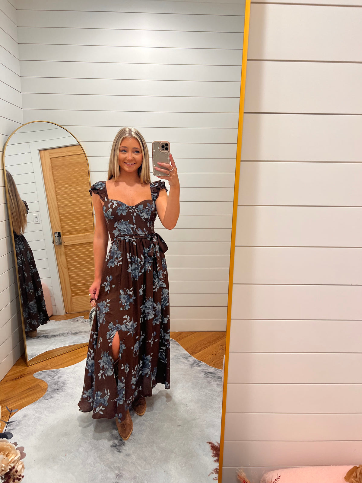 Dark Brown Floral Ruffle Strap Sweetheart Corset Midi Dress