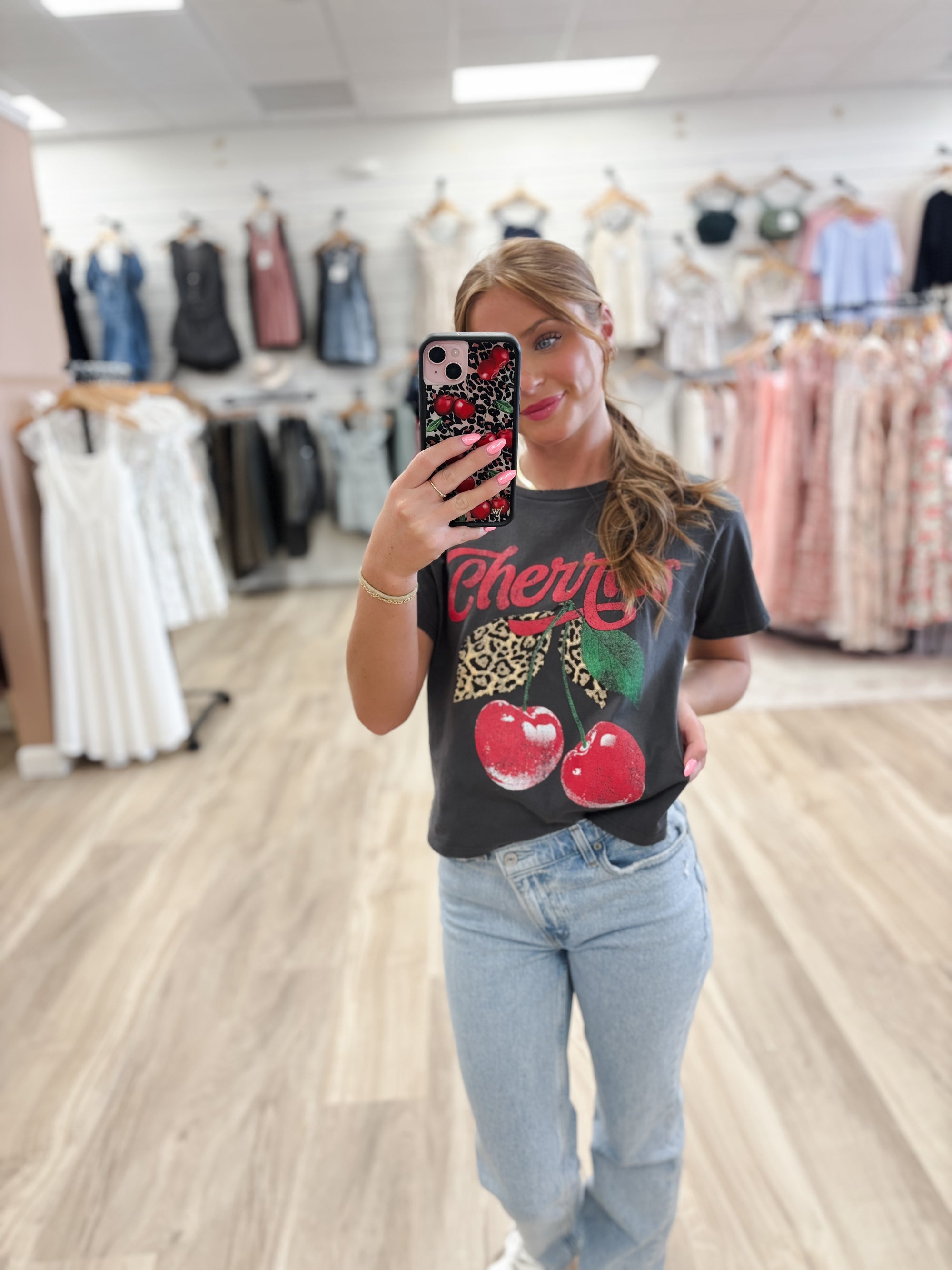 Cherries Leopard Vintage Black Cropped Tee