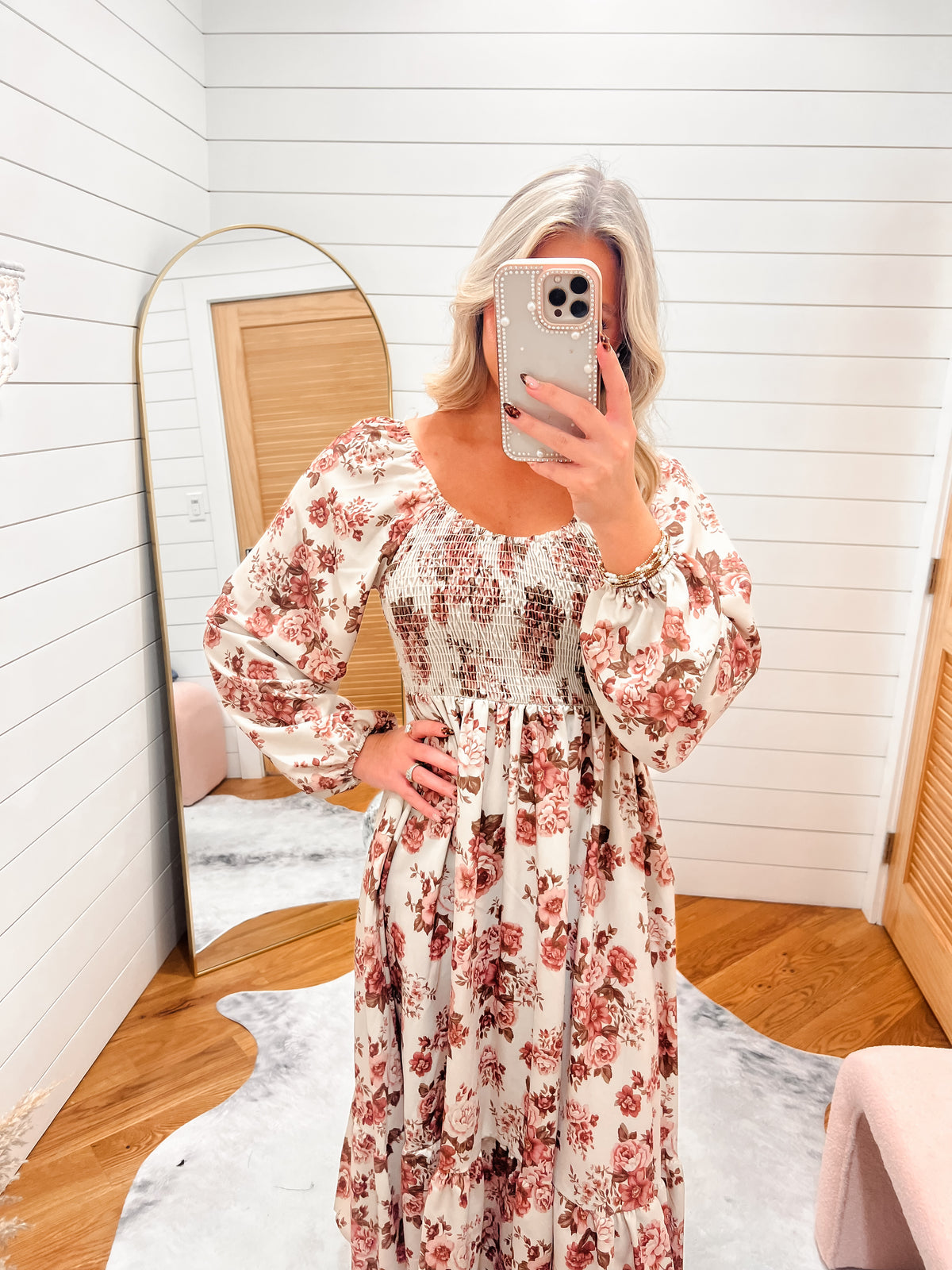 Meadow Taupe Floral Smocked Midi Dress