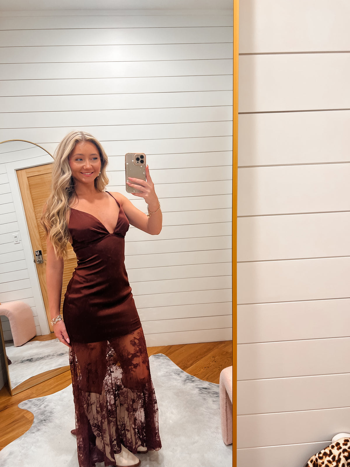 Brown Satin Midi Dress with Side Slit