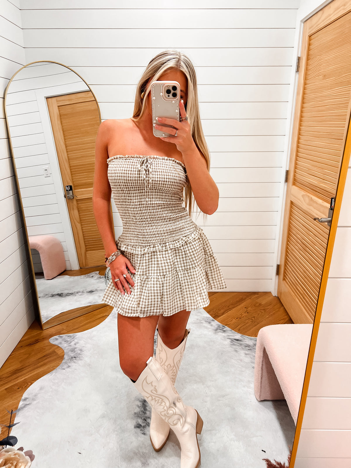 Mocha Gingham Smocked Mini Dress