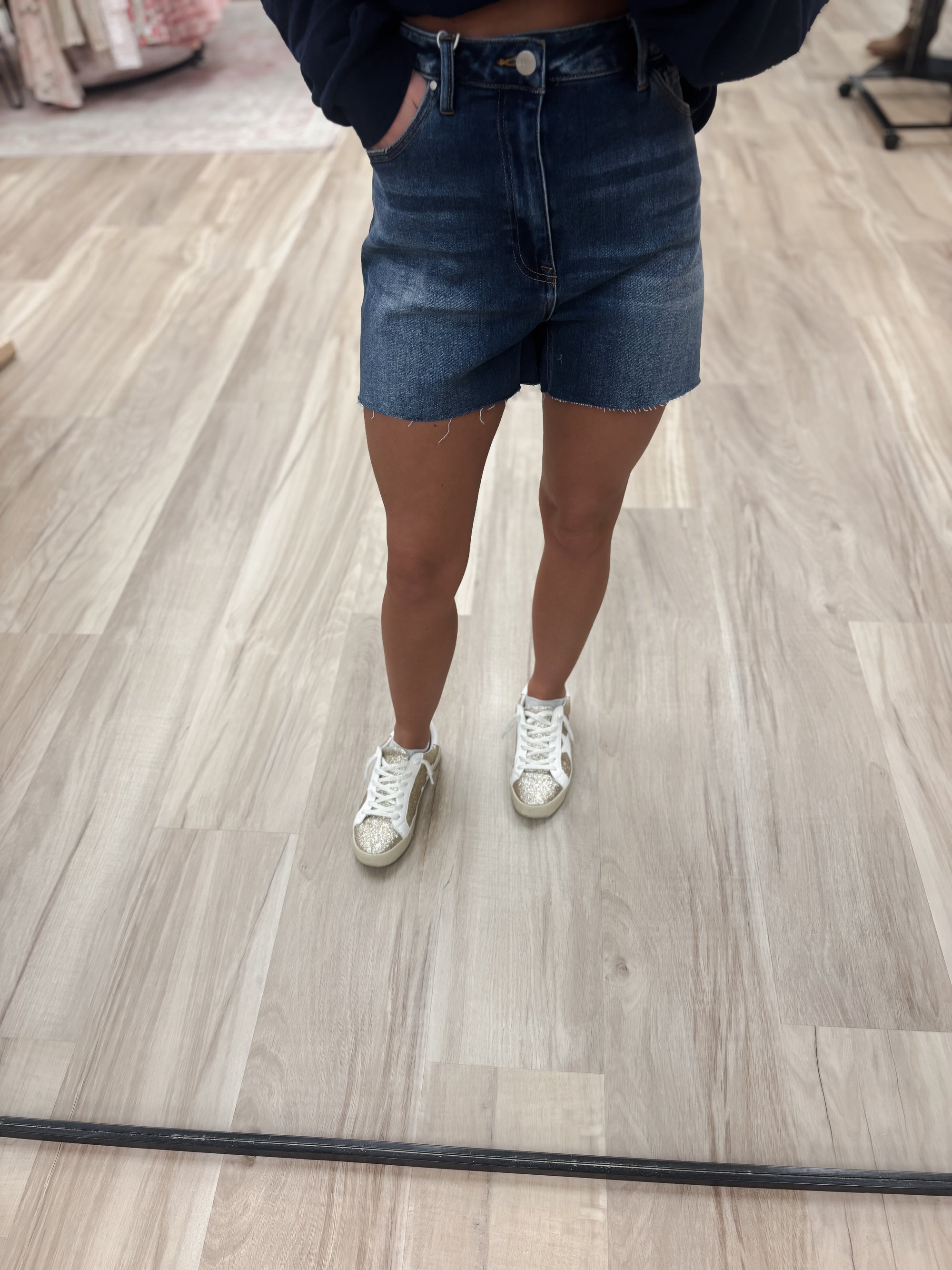 R High Rise Side Slits Dark Denim Shorts