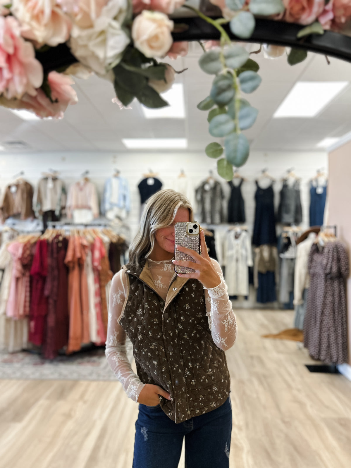 Millie Brown Floral Quilted Puffer Vest